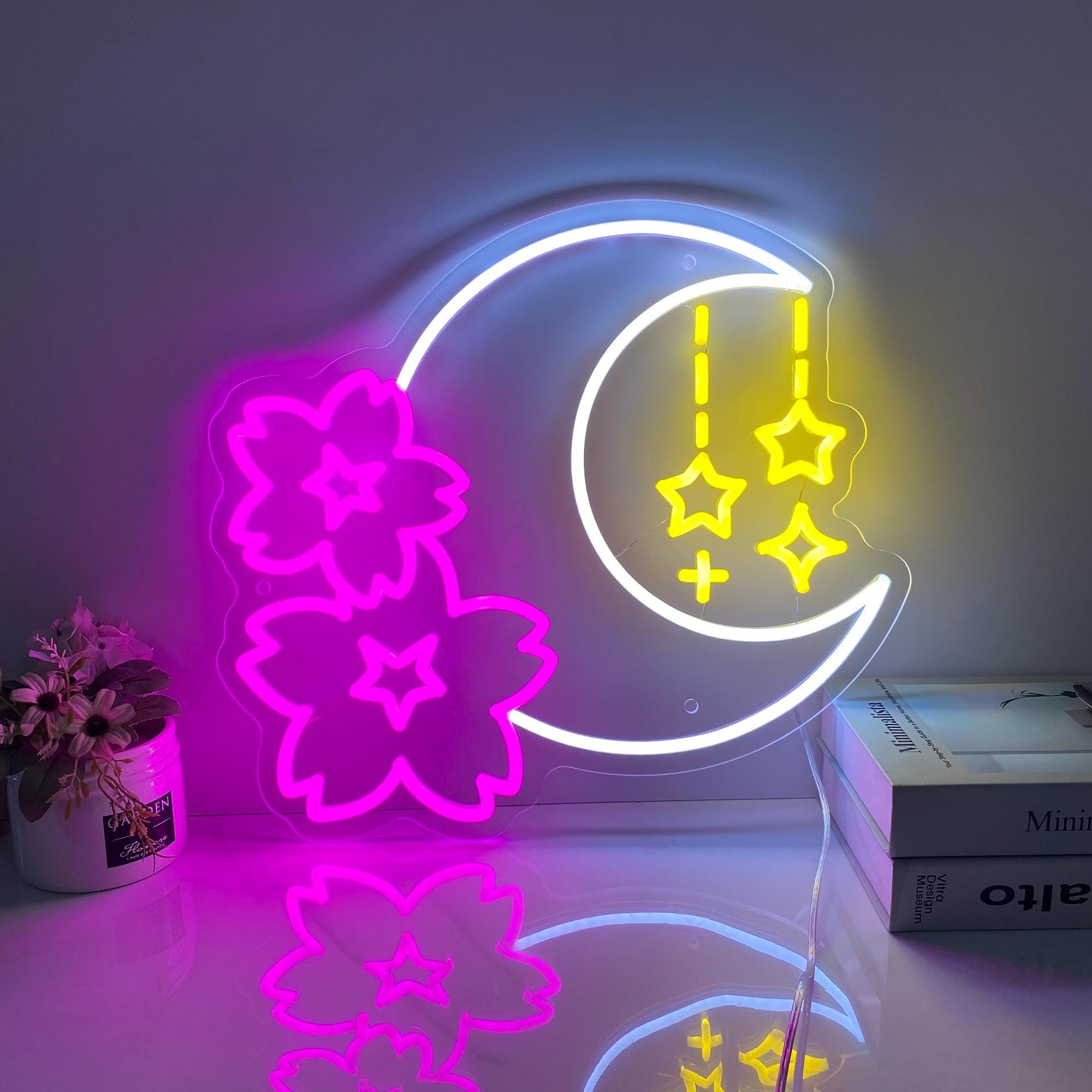 Sakura and Moon Neon Sign, Sakura Neon Wall Art, Custom Neon Sign, Bedroom Moon Decor,  Game Room Decor, Cherry Blossom Neon Christmas Gifts
