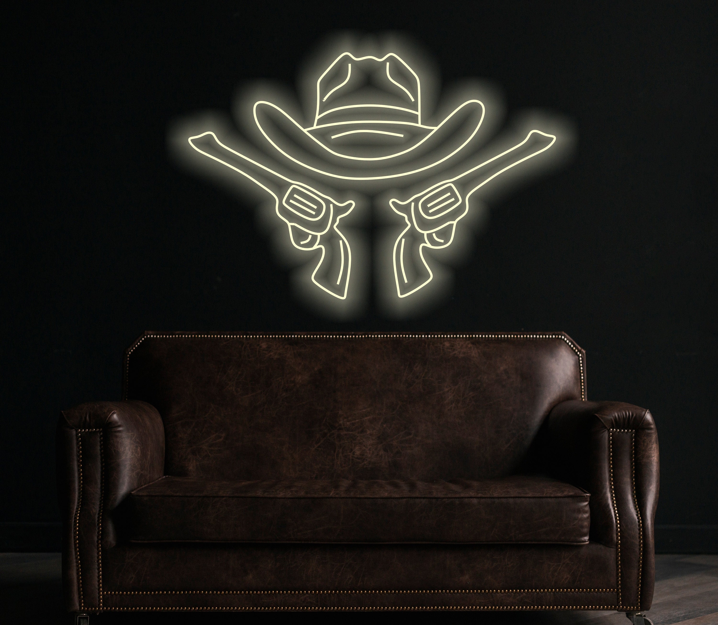 Cowboy Hat And Guns Neon Sign, Cowboy Led Neon Sign, Western Light Up, Neon Sign In The Shape Of A Hat, Neon Sign For Saloon Or Bar Western