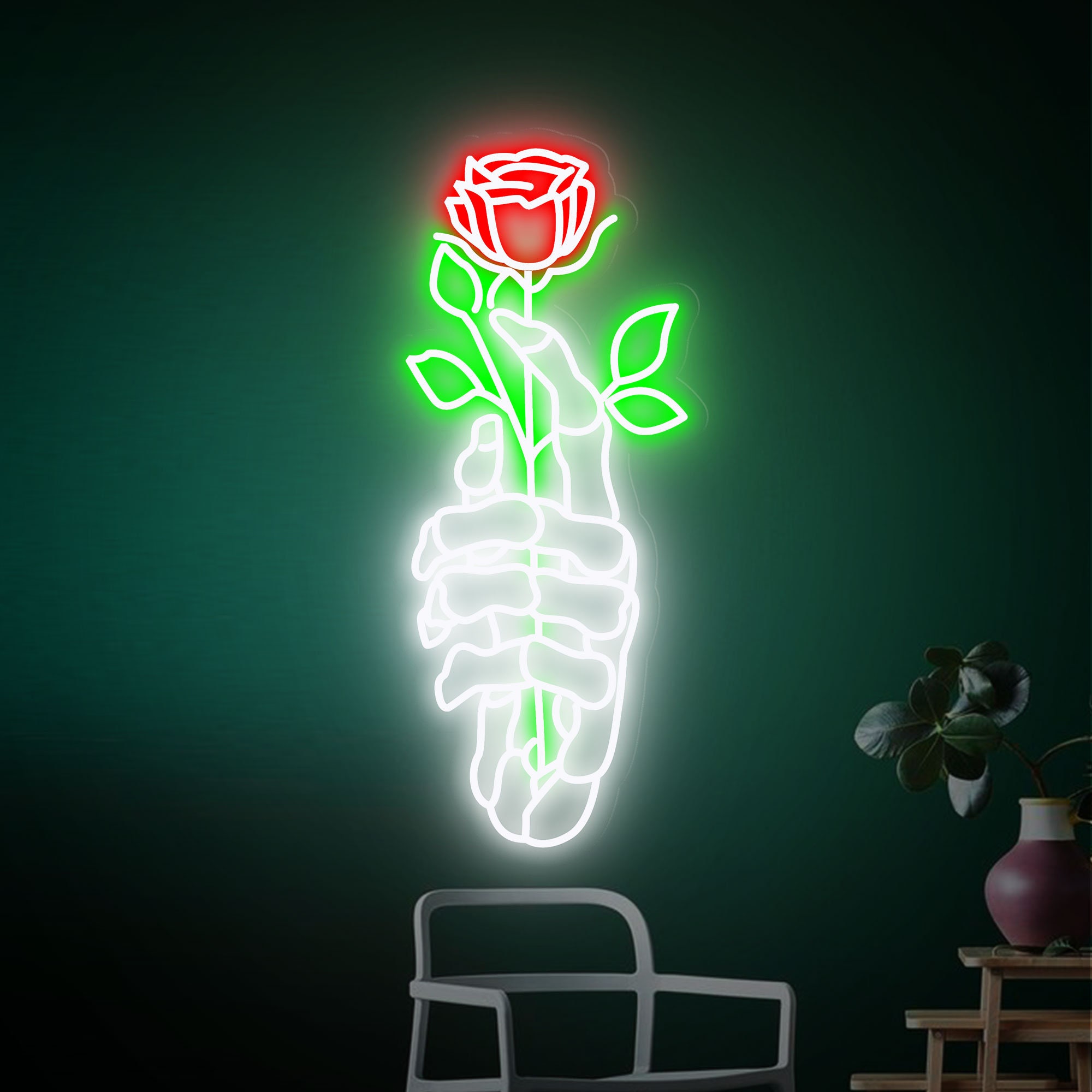 Skeleton Hand Rose Neon Sign, Hands Death Led Neon Sign, Skull Rose Neon Light | Neon Wall Light Sign | Neon Sign Bedroom