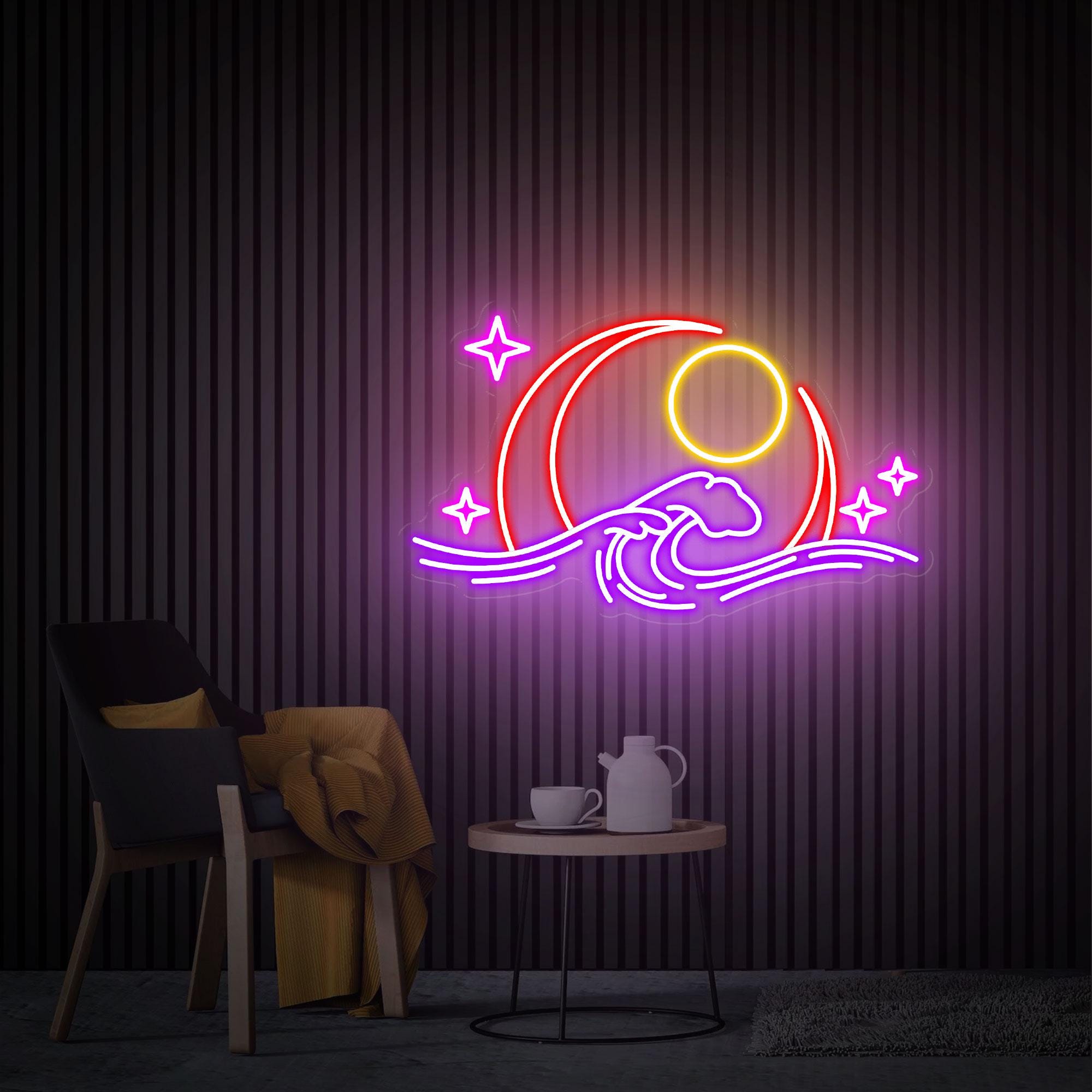 Wave Moon Neon Sign, Moon and Sun Neon Wall Art, Wave Ocean Neon Sign, Custom Neon Sign, Beach Led Lights, Home Bedroom Decor Christmas Gift