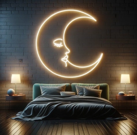Moon With Face Neon Sign, Moon Neon Light Sign, Moon Neon Light, Neon Wall Art, Handmade Neon Sign, Bedroom Neon Sign