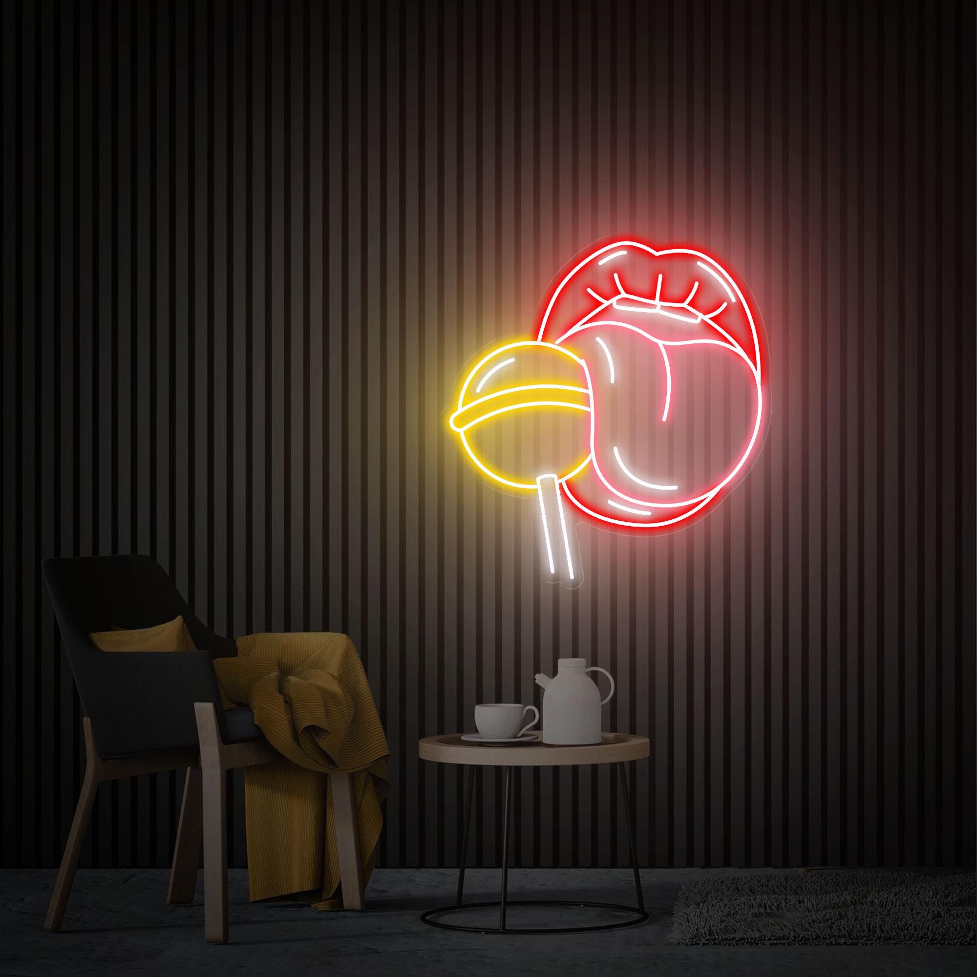 Lips with Lollipop Neon Sign, Red Lips Girl LED Sign, Lips and Tongue Neon Wall Art, Custom Neon Sign, Home Bedroom Decor, Beauty Wall Light