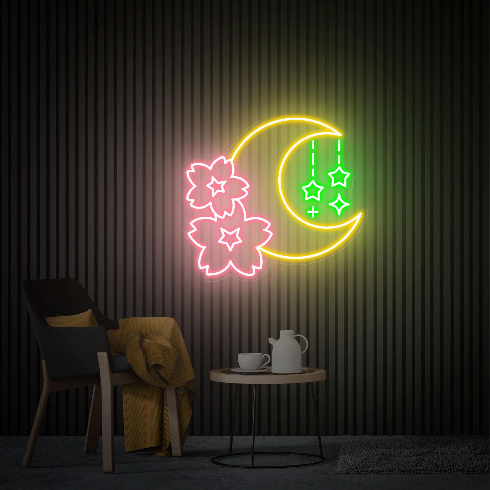 Sakura and Moon Neon Sign, Sakura Neon Wall Art, Custom Neon Sign, Bedroom Moon Decor,  Game Room Decor, Cherry Blossom Neon Christmas Gifts
