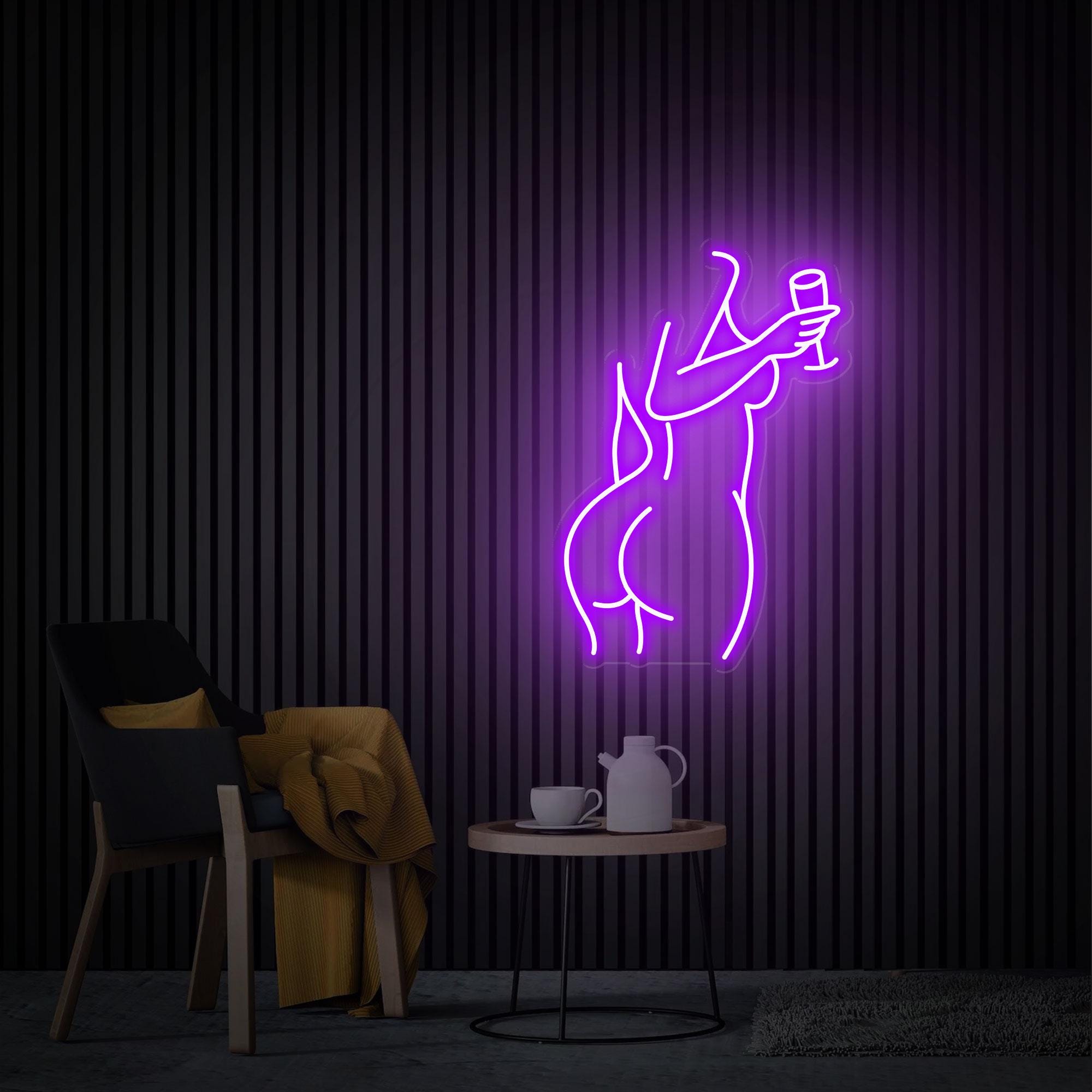 Woman with Wine Led Neon Sign, Female Body Aesthetic Neon Wall Art, Women Neon Sign Bedroom Decor, Custom Neon Sign Pub Decor, Gift for Her