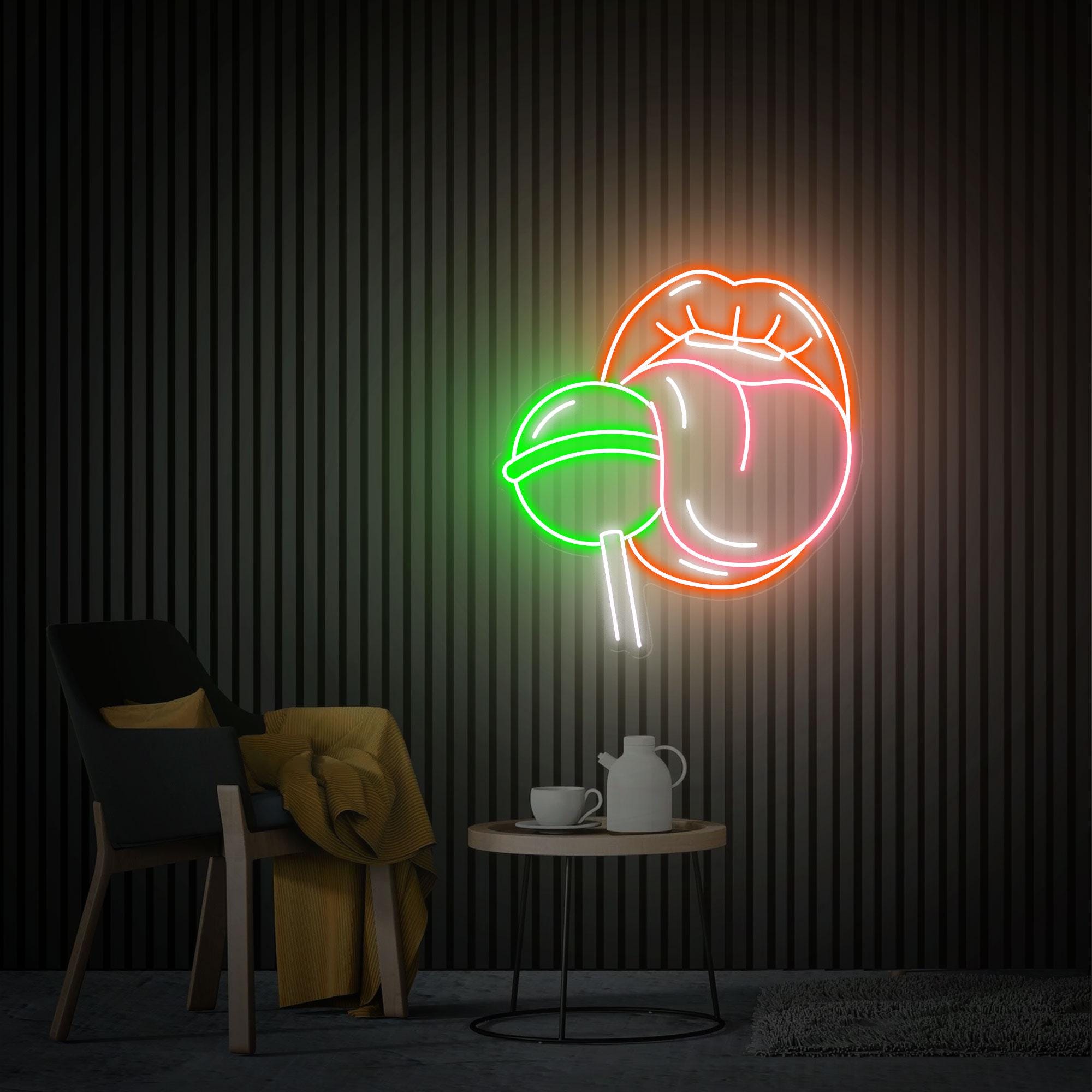 Lips with Lollipop Neon Sign, Red Lips Girl LED Sign, Lips and Tongue Neon Wall Art, Custom Neon Sign, Home Bedroom Decor, Beauty Wall Light