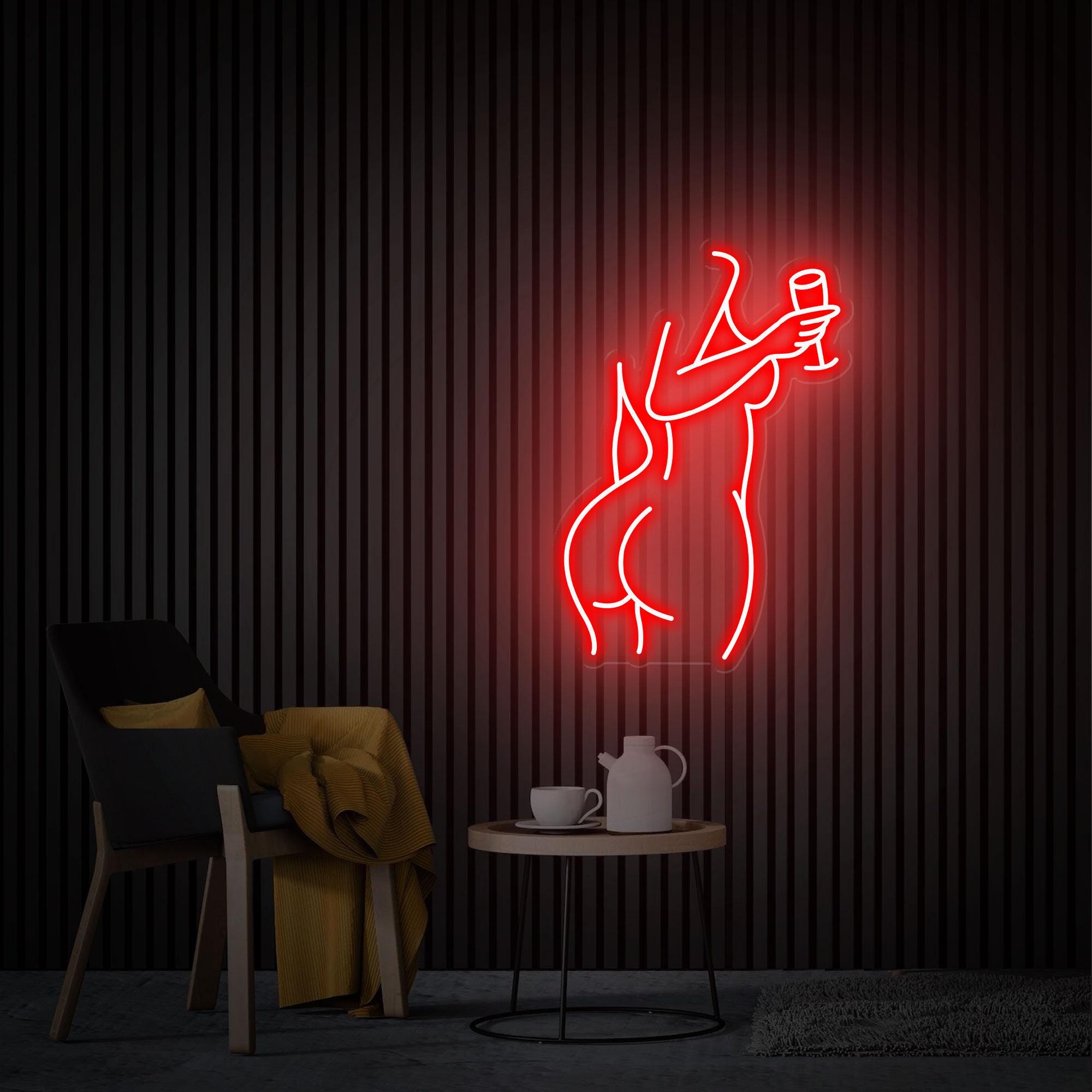 Woman with Wine Led Neon Sign, Female Body Aesthetic Neon Wall Art, Women Neon Sign Bedroom Decor, Custom Neon Sign Pub Decor, Gift for Her