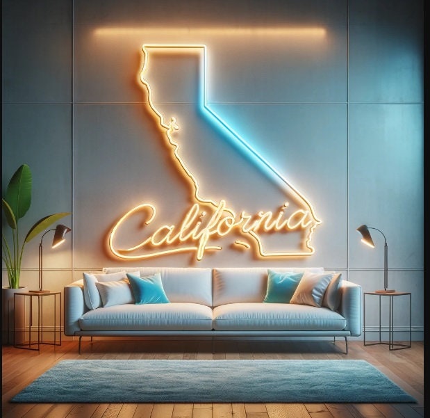 California Map Neon Sign, Neon Sign California State Map, Neon Map State Of California, California Neon Sign, American Map State Neon Sign