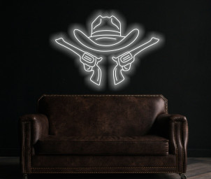 Cowboy Hat And Guns Neon Sign, Cowboy Led Neon Sign, Western Light Up, Neon Sign In The Shape Of A Hat, Neon Sign For Saloon Or Bar Western