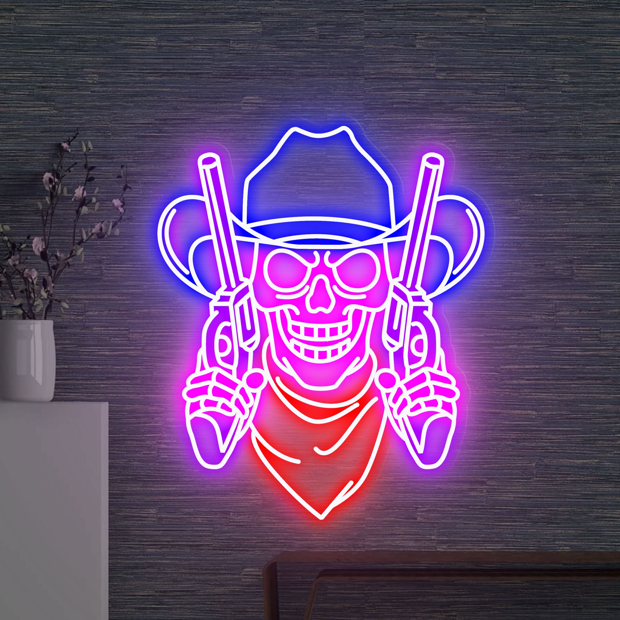Cowboy Skull and double guns Neon Sign, Skull and Revolver Led Sign, Skull Led Signs, Custom Neon Sign, Cowboy Led Lights, Wall Decor