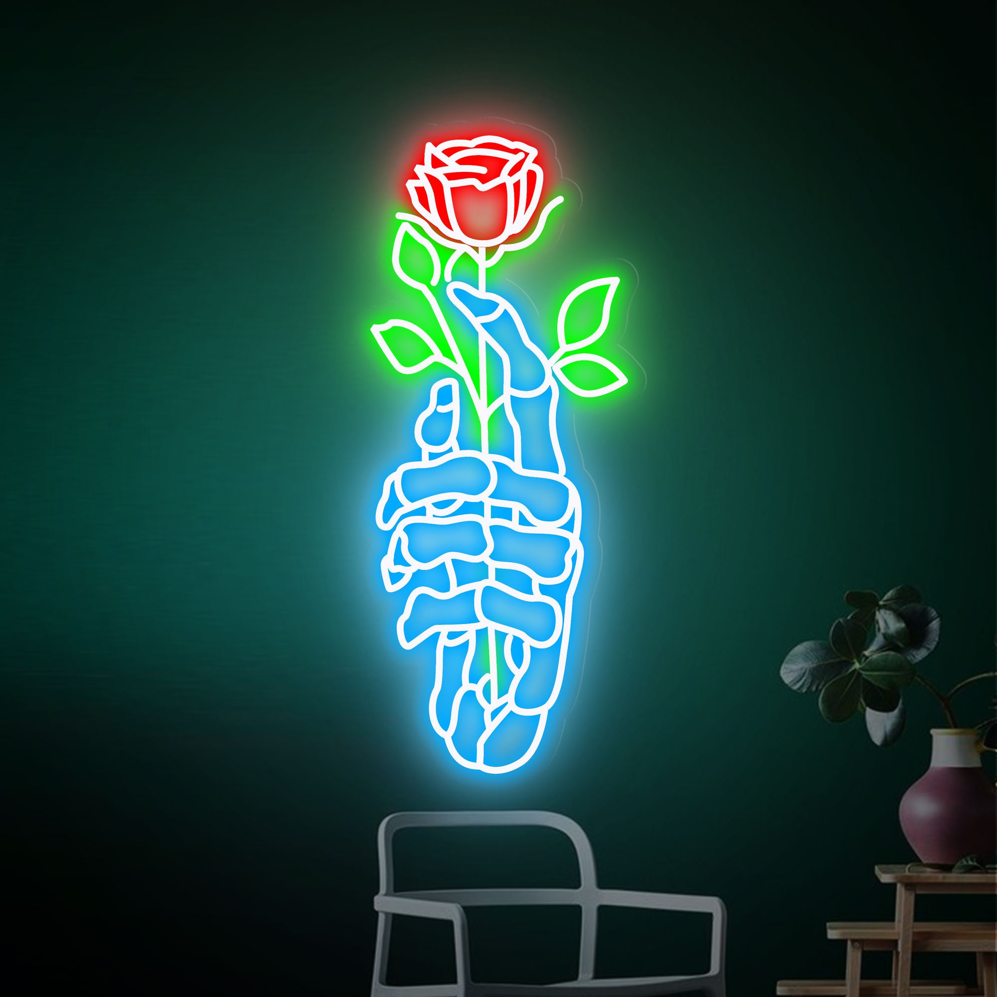 Skeleton Hand Rose Neon Sign, Hands Death Led Neon Sign, Skull Rose Neon Light | Neon Wall Light Sign | Neon Sign Bedroom