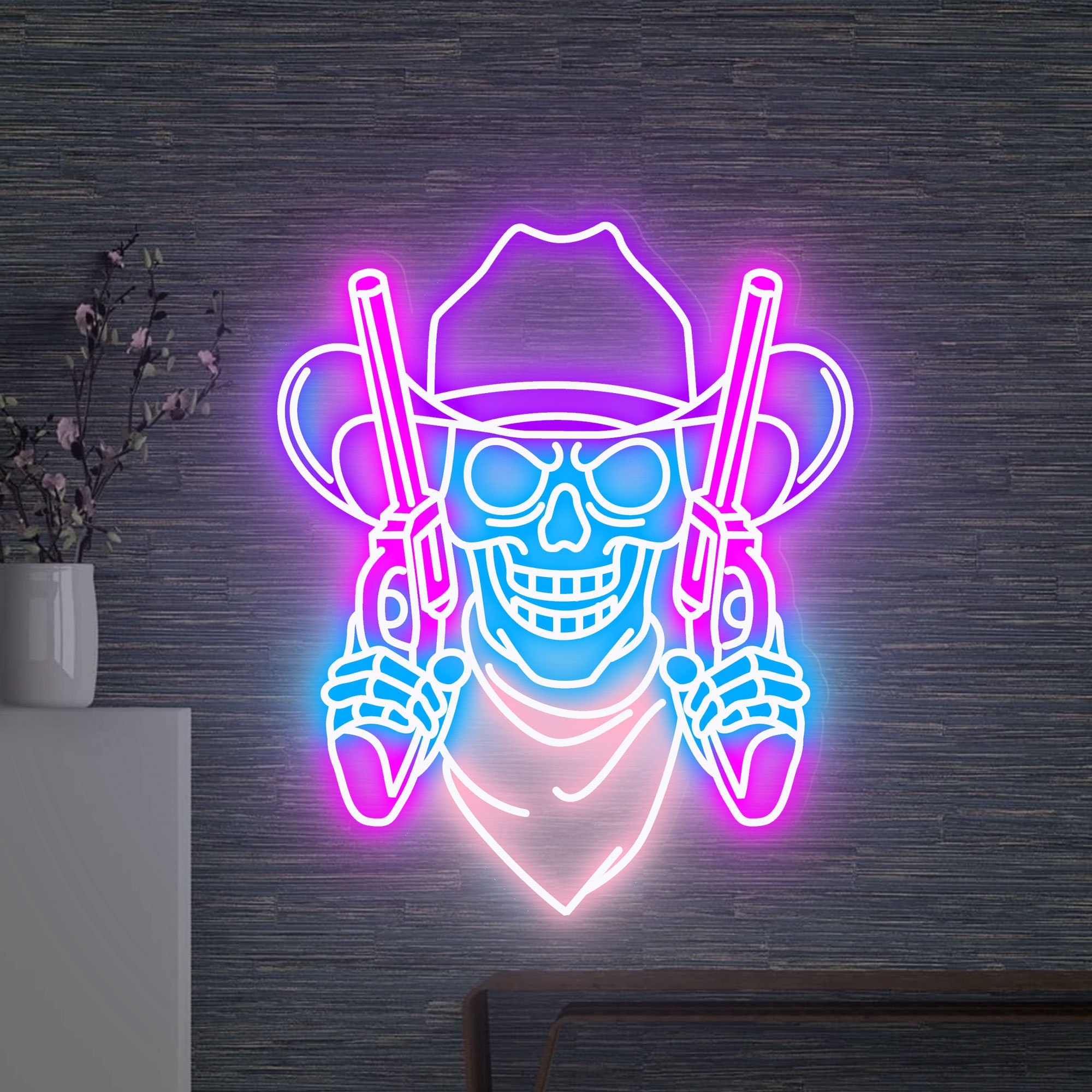 Cowboy Skull and double guns Neon Sign, Skull and Revolver Led Sign, Skull Led Signs, Custom Neon Sign, Cowboy Led Lights, Wall Decor