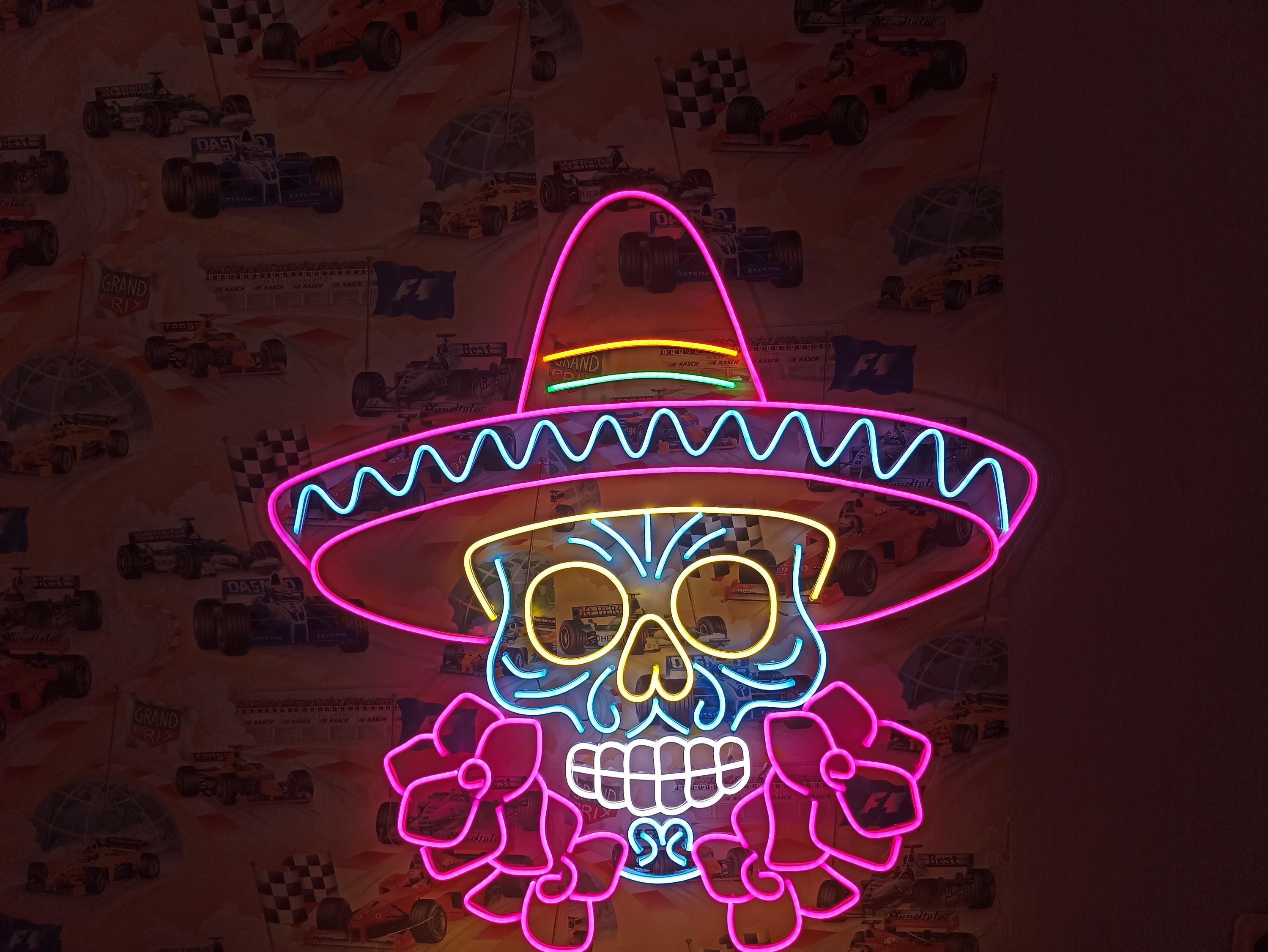 Colorful Sombrero Sugar Skull Neon Sign, Mexican Sugar Skull Neon Sign,Dia De Los Muertos Neon Sign