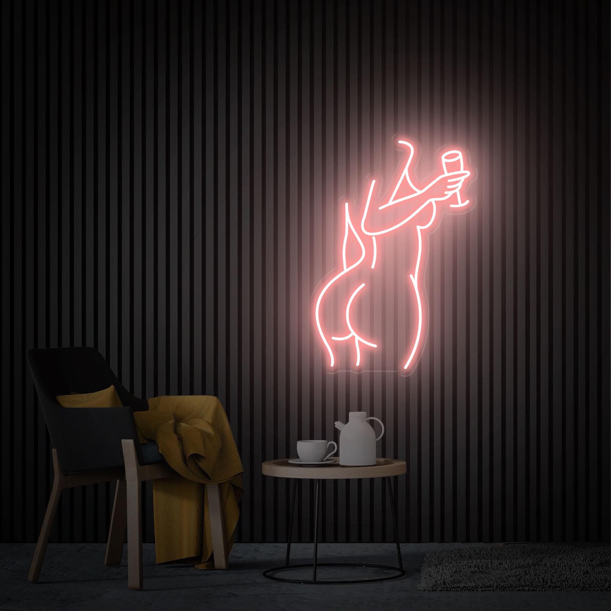 Woman with Wine Led Neon Sign, Female Body Aesthetic Neon Wall Art, Women Neon Sign Bedroom Decor, Custom Neon Sign Pub Decor, Gift for Her