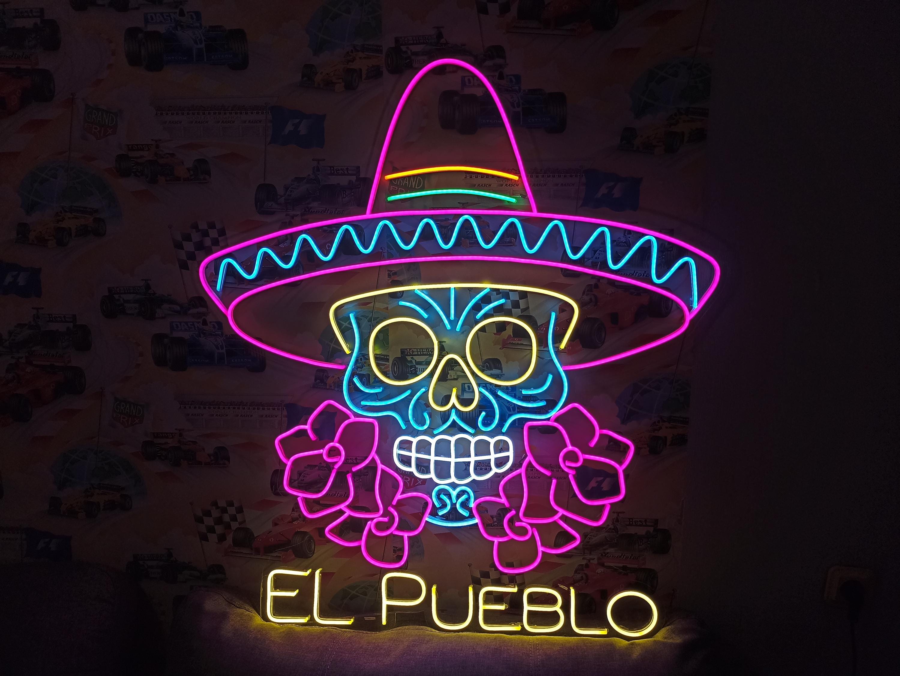 Colorful Sombrero Sugar Skull Neon Sign, Mexican Sugar Skull Neon Sign,Dia De Los Muertos Neon Sign