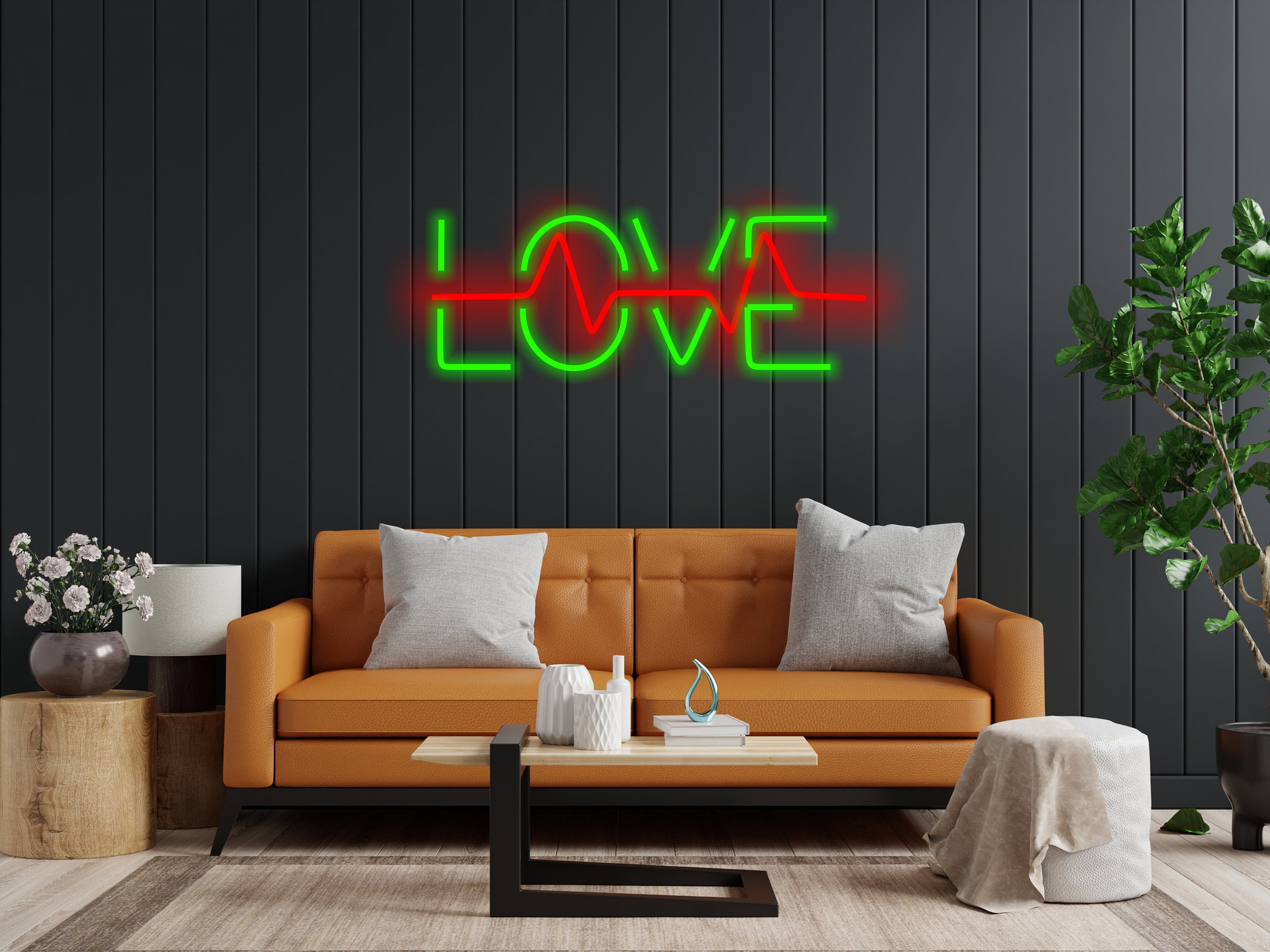 Neon Sign That Says Love And Has A Pulse Inside It, Neon Sign Combining Heart And Pulse, Love Neon Sign, Neon Sign Gift For Lovers