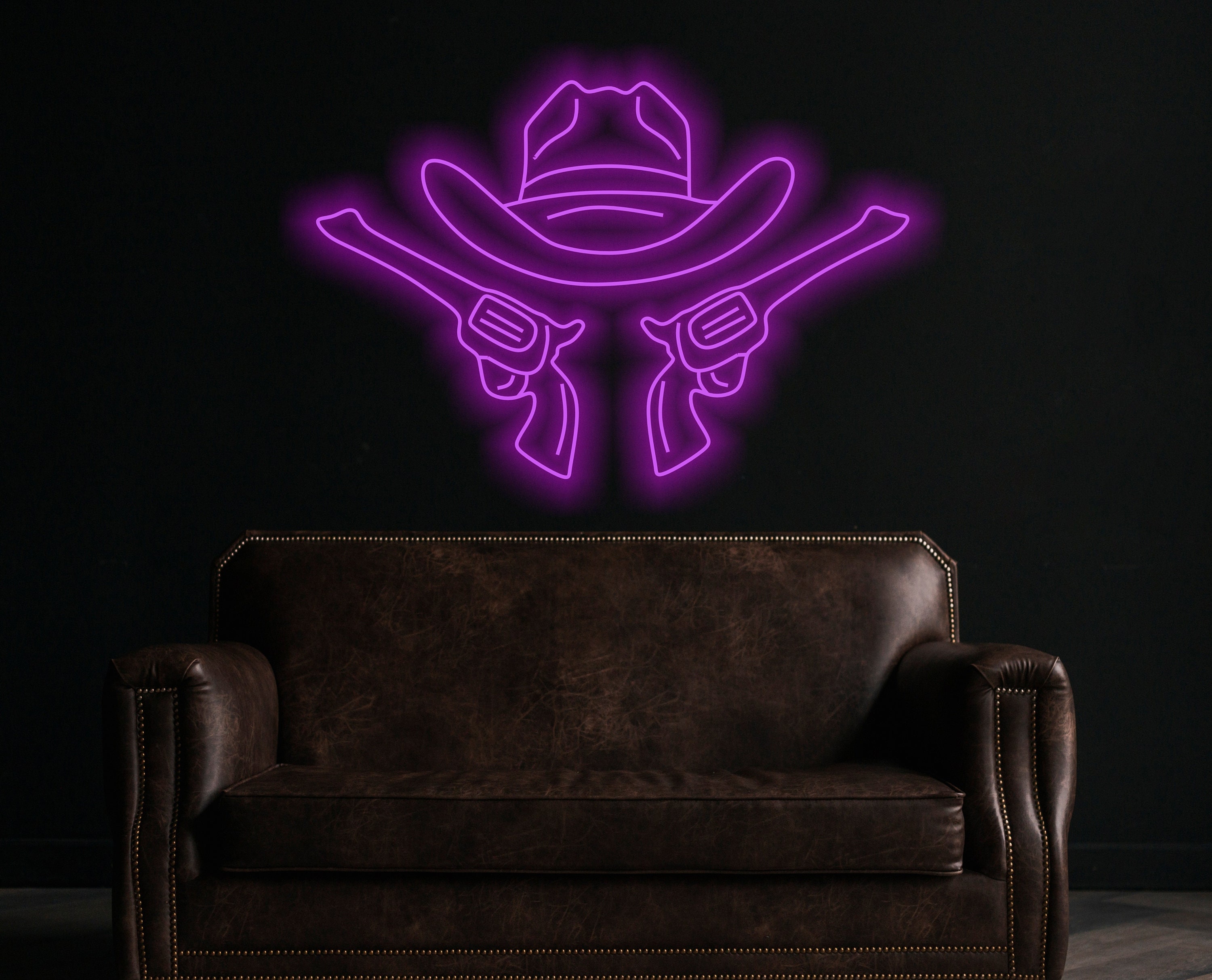 Cowboy Hat And Guns Neon Sign, Cowboy Led Neon Sign, Western Light Up, Neon Sign In The Shape Of A Hat, Neon Sign For Saloon Or Bar Western
