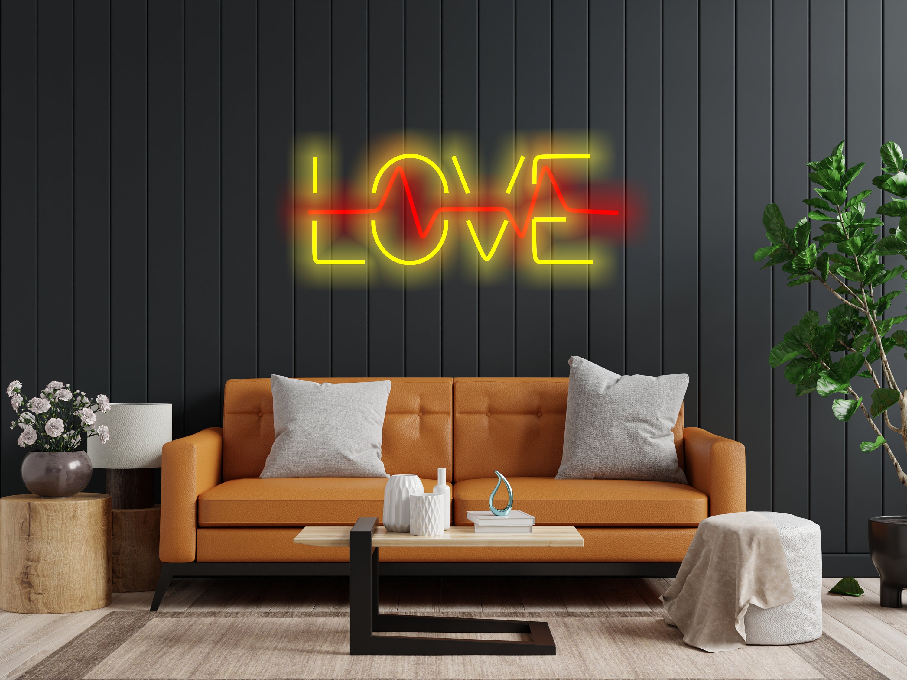 Neon Sign That Says Love And Has A Pulse Inside It, Neon Sign Combining Heart And Pulse, Love Neon Sign, Neon Sign Gift For Lovers