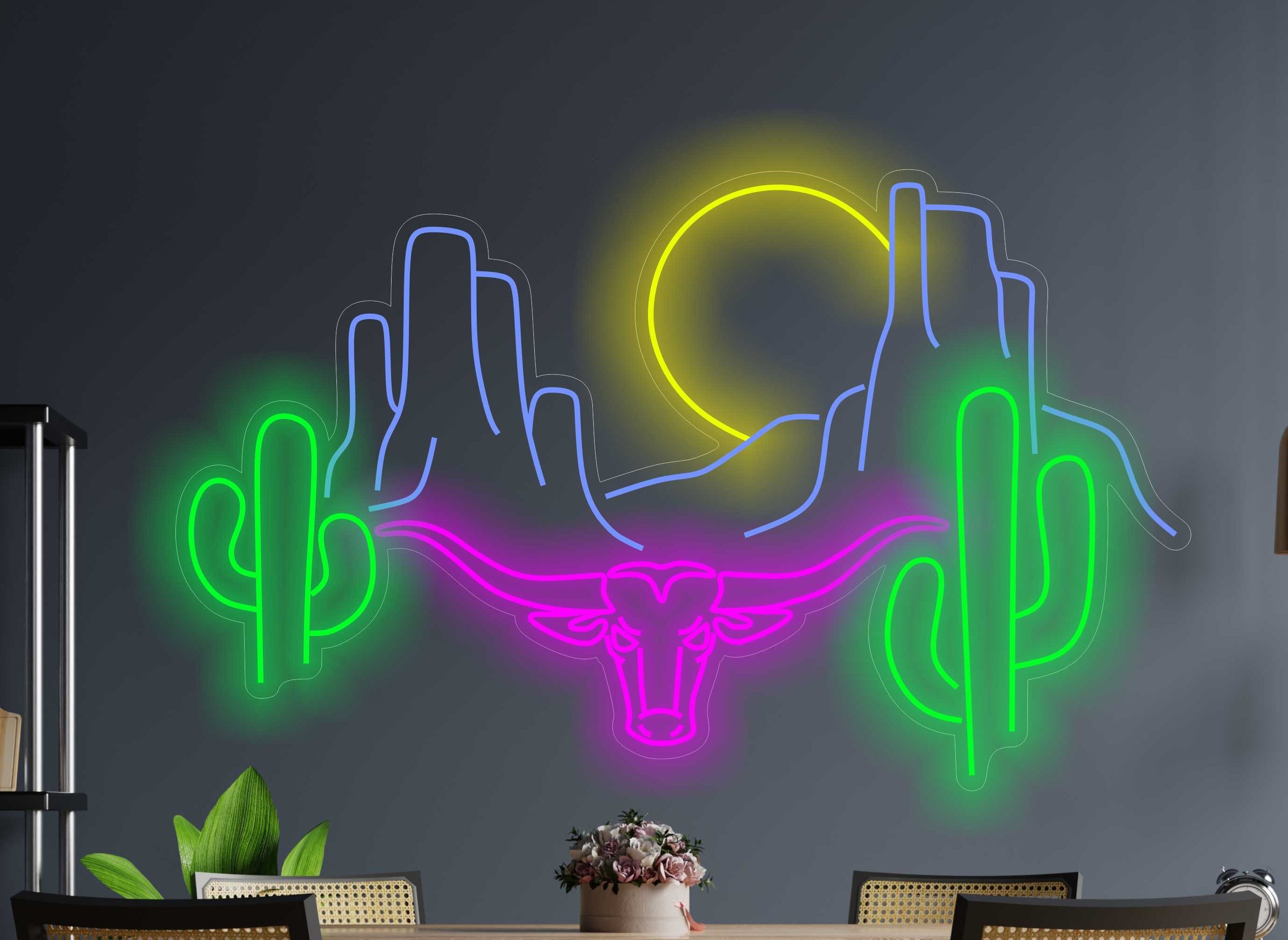 Neon Sign With Western Decor, Longhorn Bull With Western Decoration, Bull Neon Sign, Neon Sign Desert With Cactus And Head Longhorn