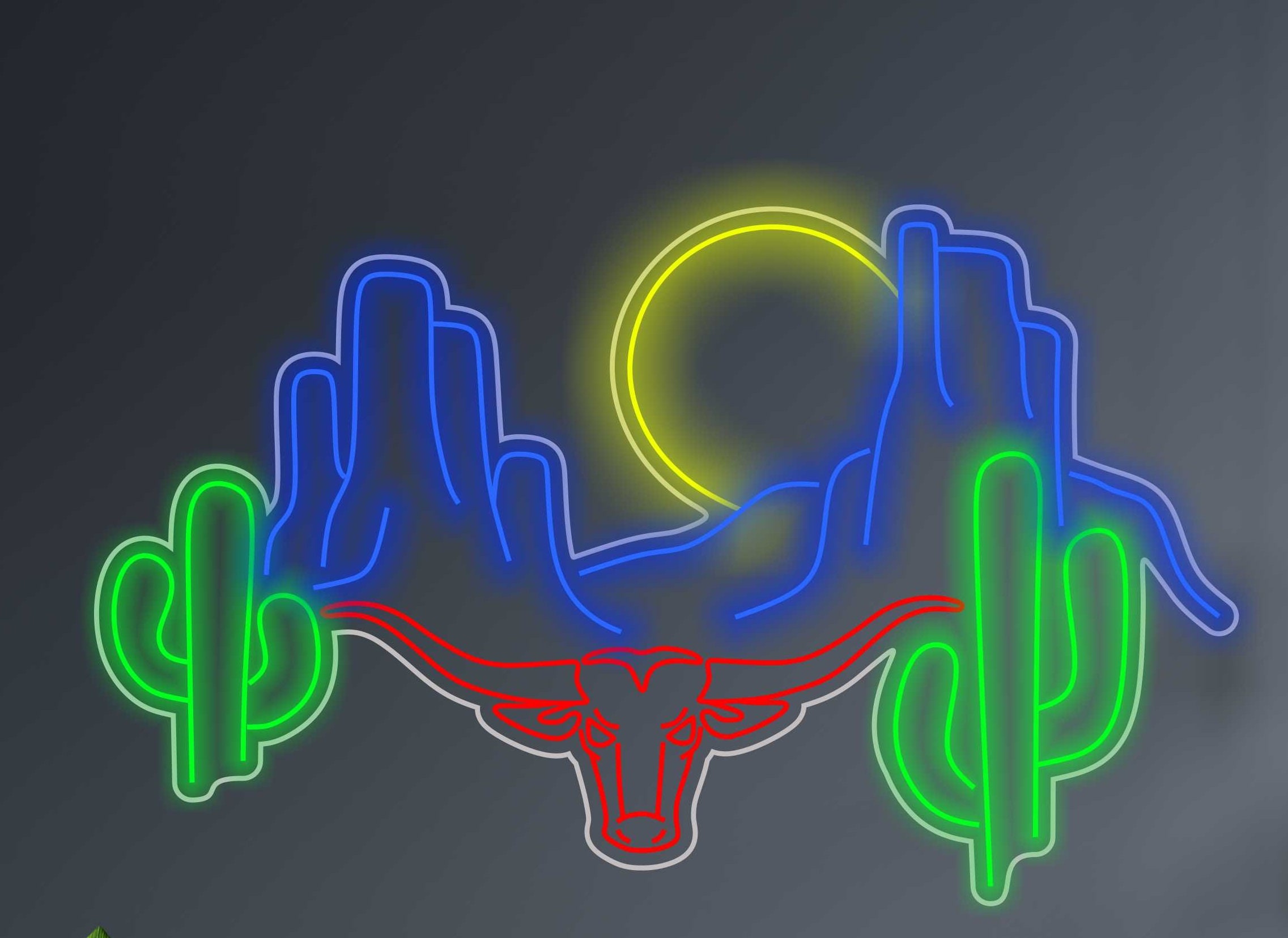Neon Sign With Western Decor, Longhorn Bull With Western Decoration, Bull Neon Sign, Neon Sign Desert With Cactus And Head Longhorn