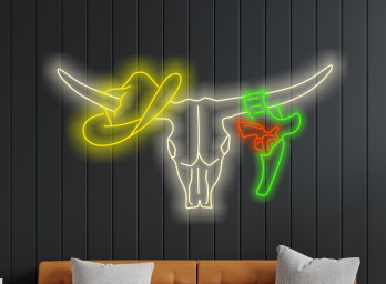 Longhorn Bull Neon Sign, Bull Skull Neon Sign, Cowboy Hat And Revolver Neon, Western-Themed Neon Sign