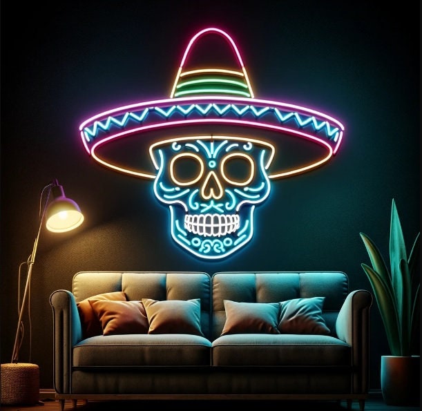 Neon Sign Sugar Skull In Sombrero, Colorful Sombrero Sugar Skull Neon Sign, Mexican Sugar Skull Neon Sign