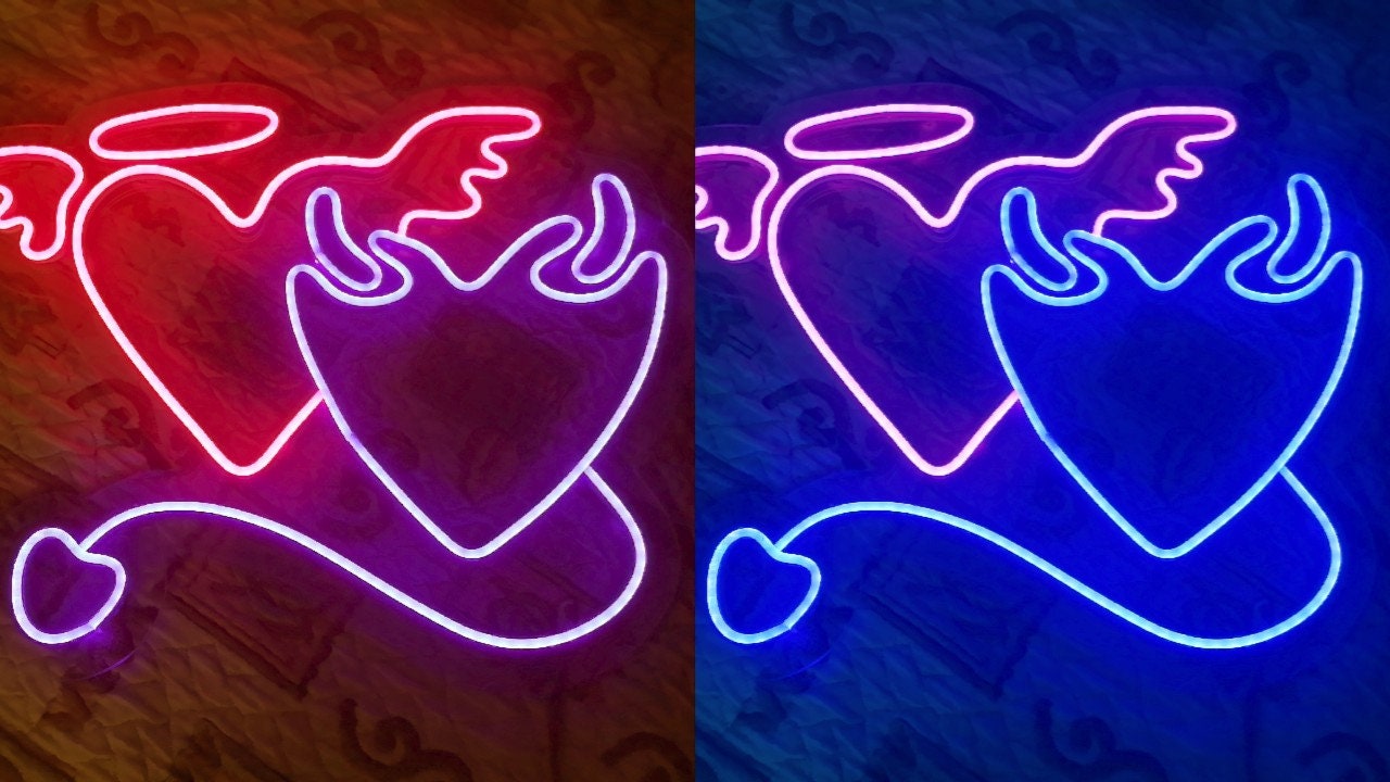 Neon Sign Valentine's Day, Angel And Devil, The Heart Of Angels And Demons Custom Neon Sign, Custom Neon Sign Angel And Devil Led Heart