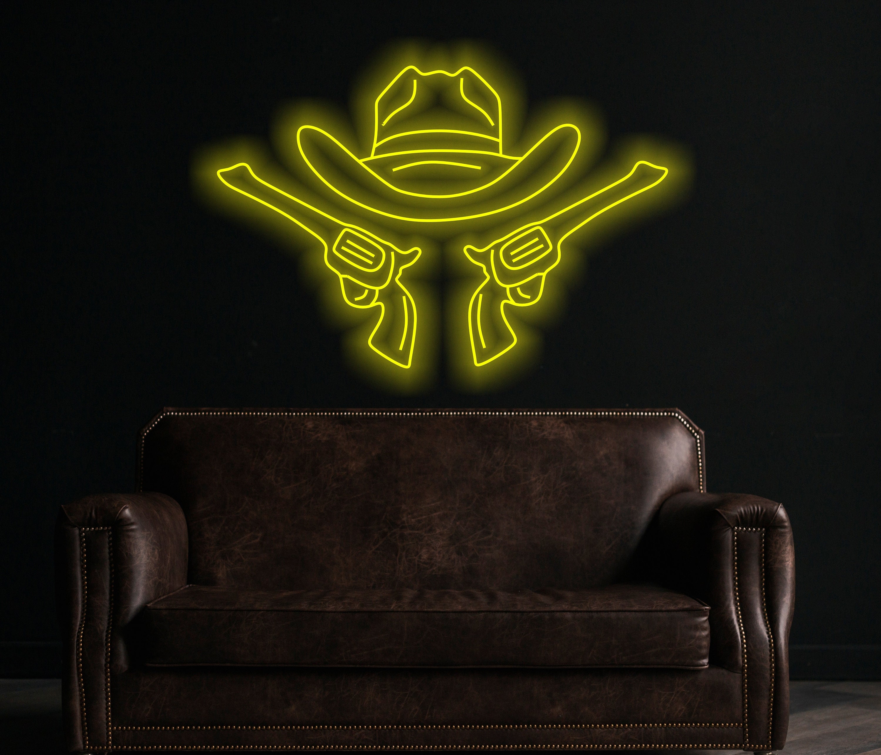 Cowboy Hat And Guns Neon Sign, Cowboy Led Neon Sign, Western Light Up, Neon Sign In The Shape Of A Hat, Neon Sign For Saloon Or Bar Western
