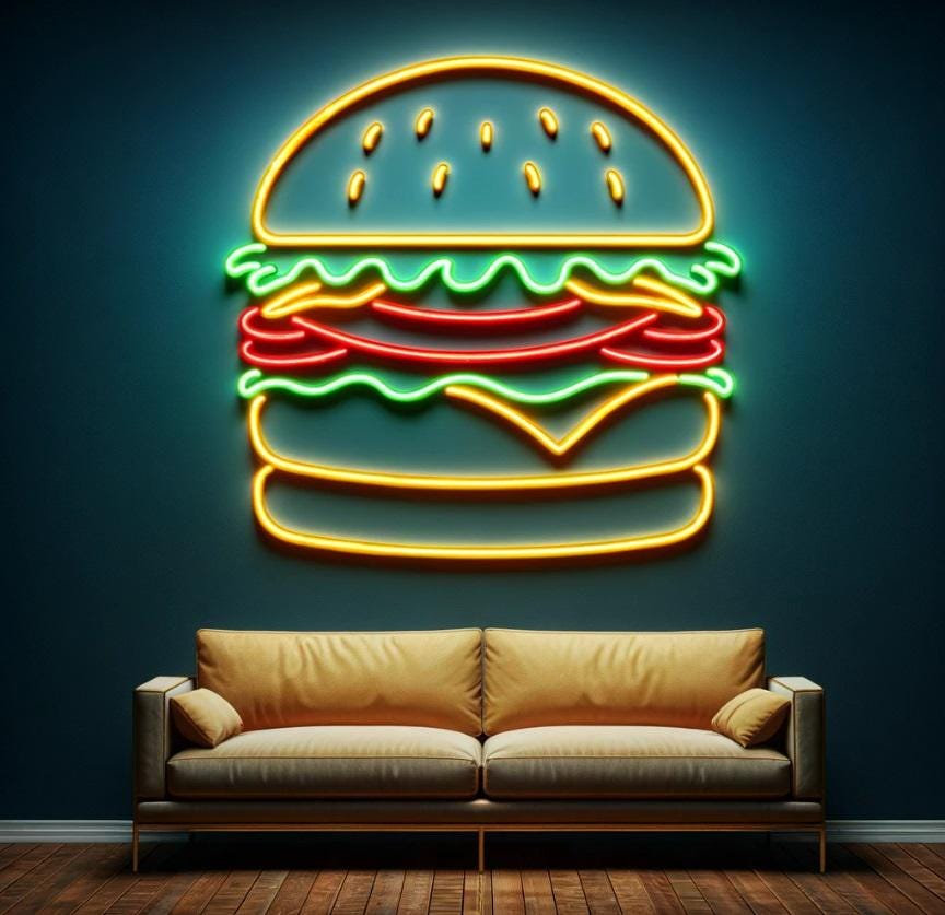 Burger Neon Sign - Home Decor, Gift, Food Neon, Light Up Letters, Hamburger, Kitchen Neon Sign