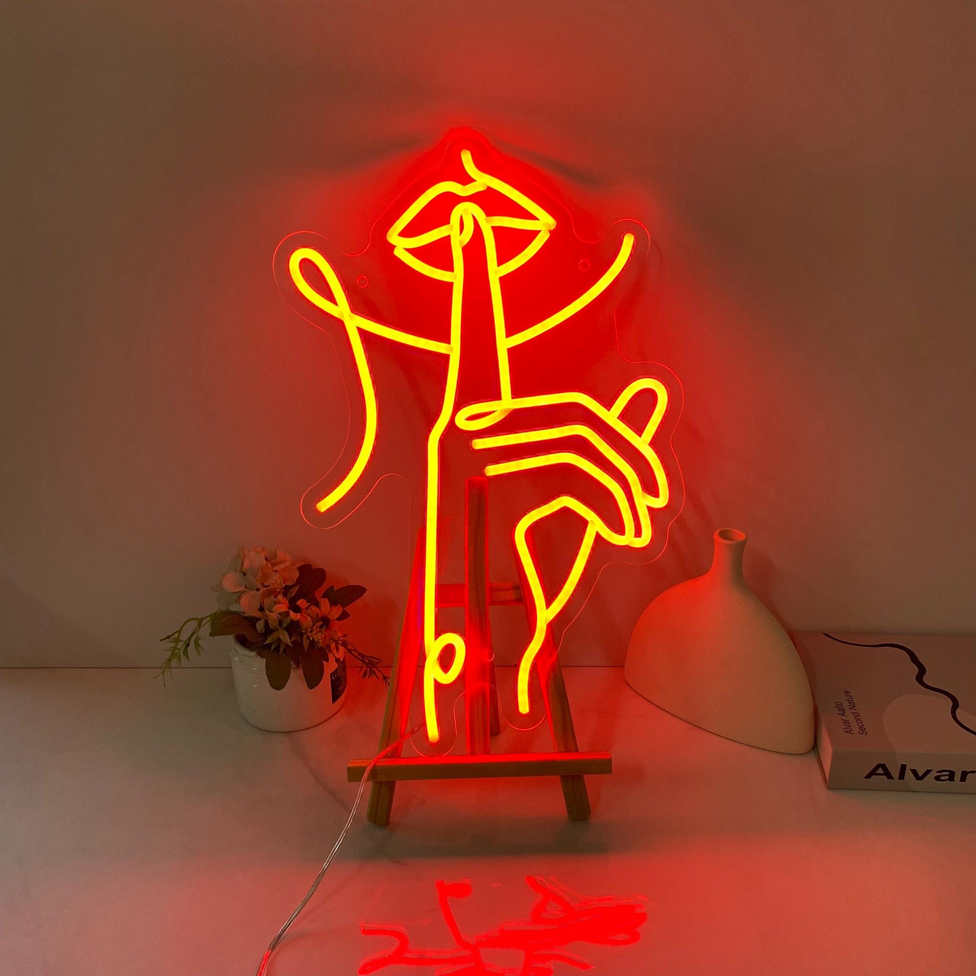 Hush Neon Sign Lips and Fingers Led Neon Light Bedroom Decor Custom Neon Sign Nail Studio Decor Lips Decor Led Light Sign for Beauty Salon