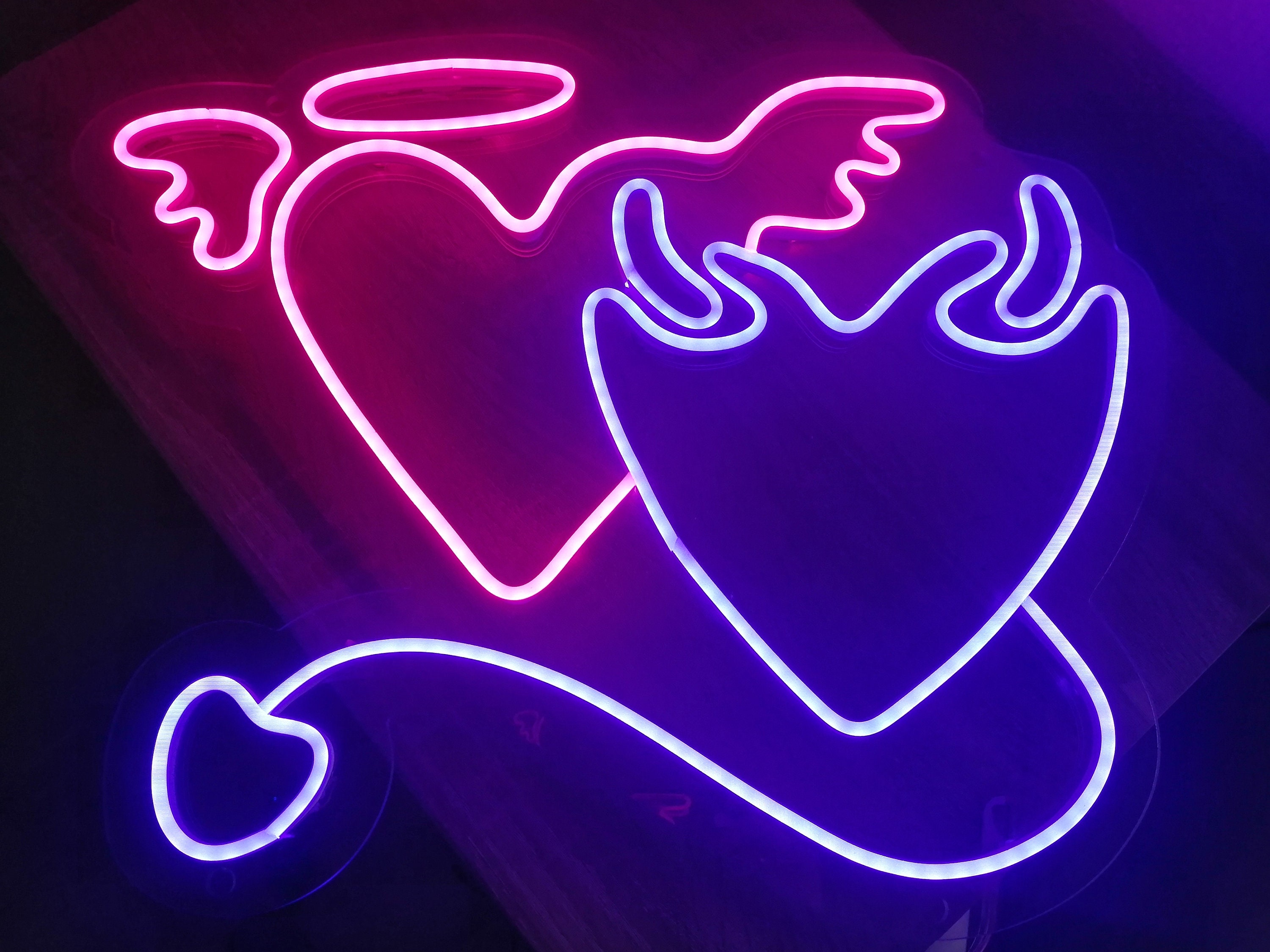 Neon Sign Valentine's Day, Angel And Devil, The Heart Of Angels And Demons Custom Neon Sign, Custom Neon Sign Angel And Devil Led Heart