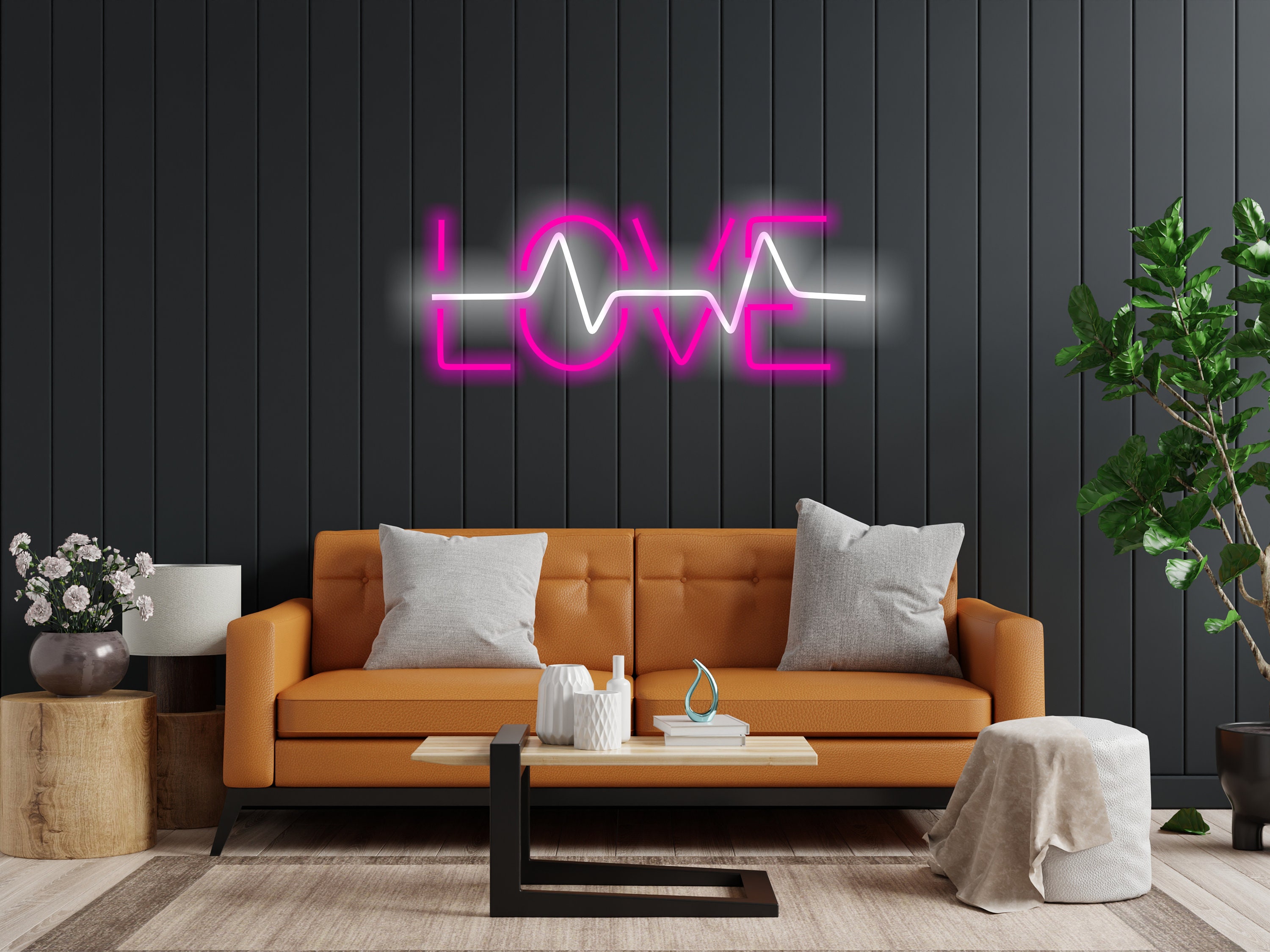 Neon Sign That Says Love And Has A Pulse Inside It, Neon Sign Combining Heart And Pulse, Love Neon Sign, Neon Sign Gift For Lovers