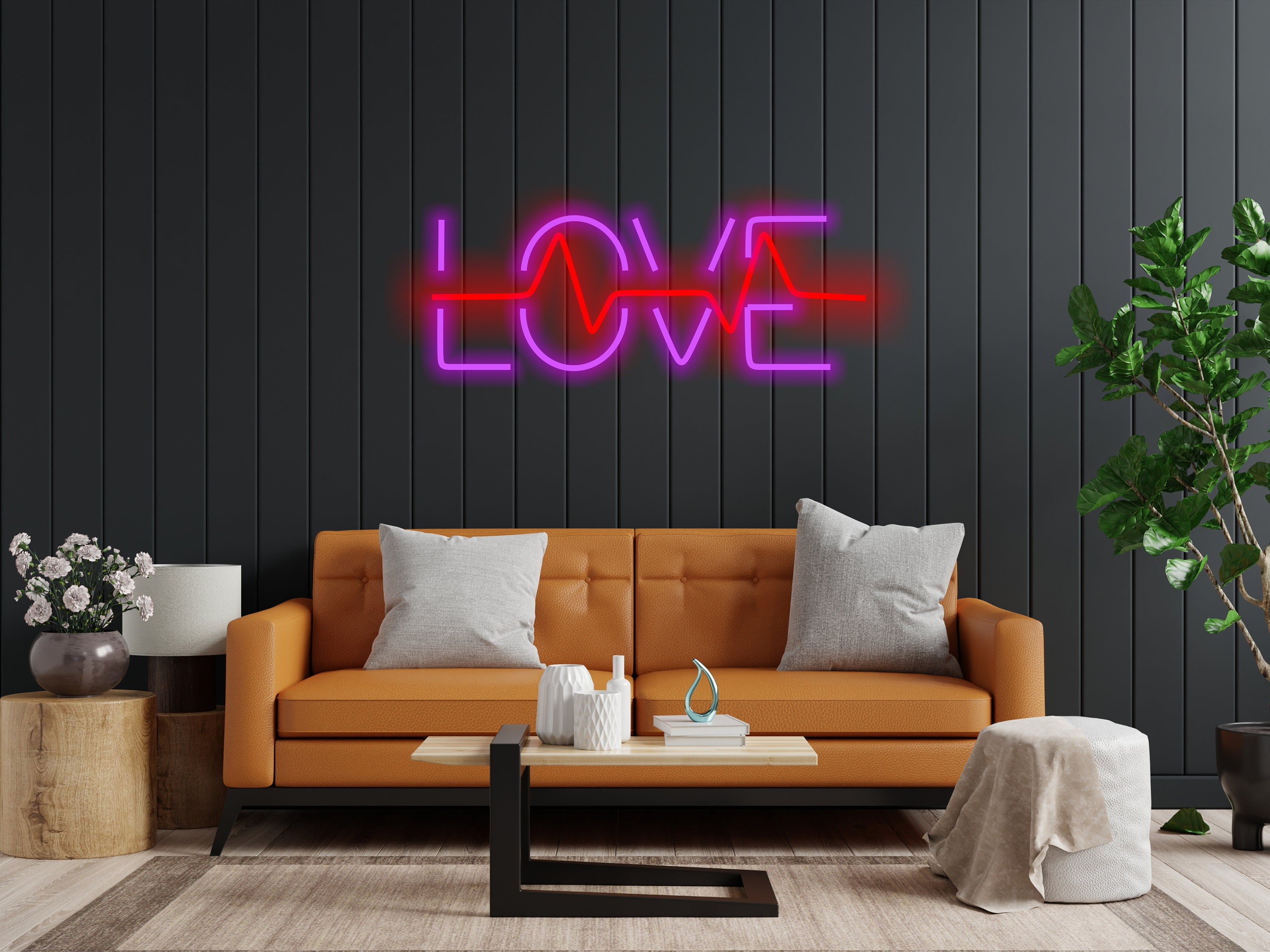 Neon Sign That Says Love And Has A Pulse Inside It, Neon Sign Combining Heart And Pulse, Love Neon Sign, Neon Sign Gift For Lovers