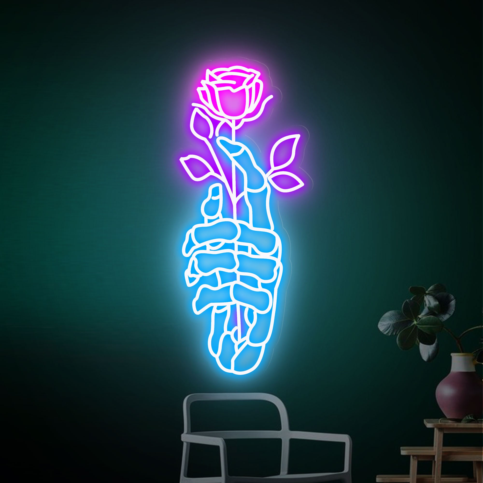 Skeleton Hand Rose Neon Sign, Hands Death Led Neon Sign, Skull Rose Neon Light | Neon Wall Light Sign | Neon Sign Bedroom