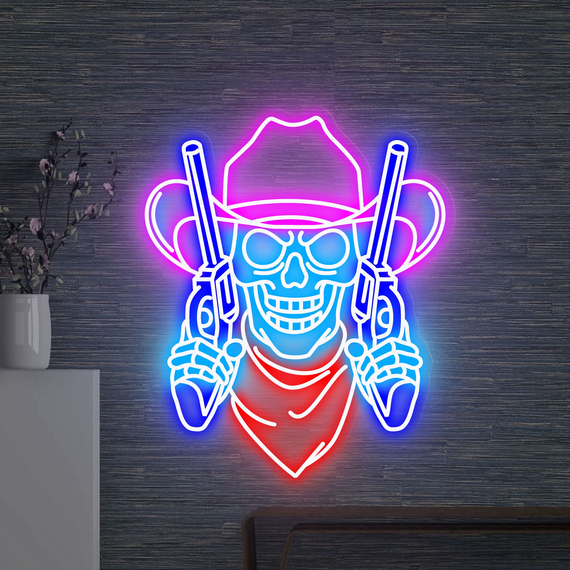 Cowboy Skull and double guns Neon Sign, Skull and Revolver Led Sign, Skull Led Signs, Custom Neon Sign, Cowboy Led Lights, Wall Decor