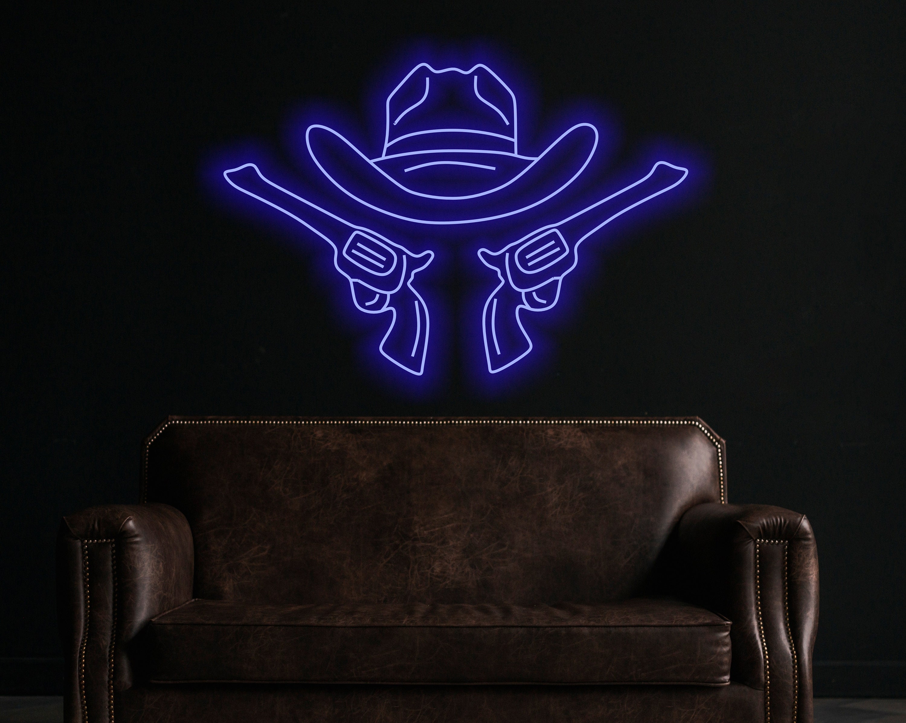 Cowboy Hat And Guns Neon Sign, Cowboy Led Neon Sign, Western Light Up, Neon Sign In The Shape Of A Hat, Neon Sign For Saloon Or Bar Western