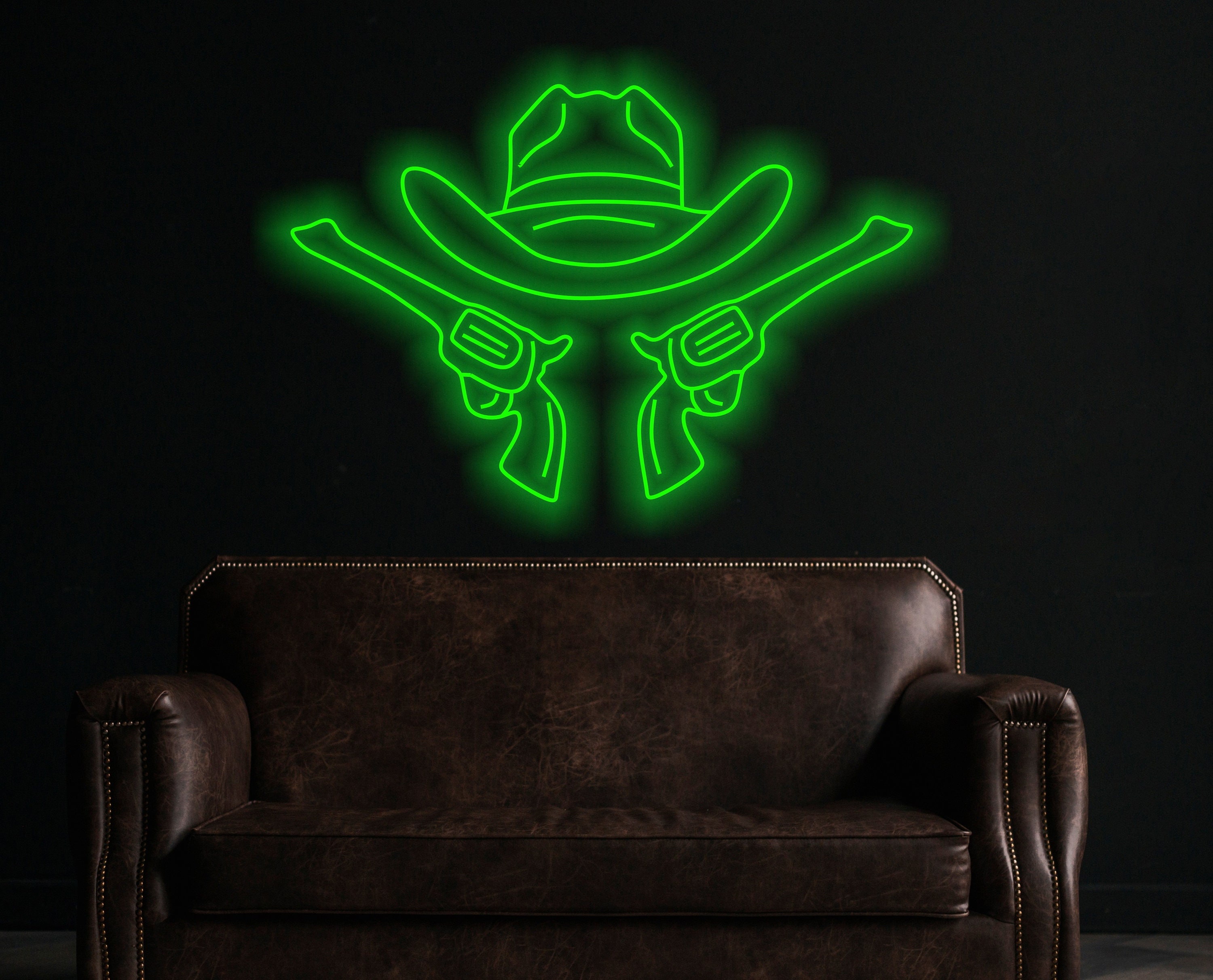 Cowboy Hat And Guns Neon Sign, Cowboy Led Neon Sign, Western Light Up, Neon Sign In The Shape Of A Hat, Neon Sign For Saloon Or Bar Western