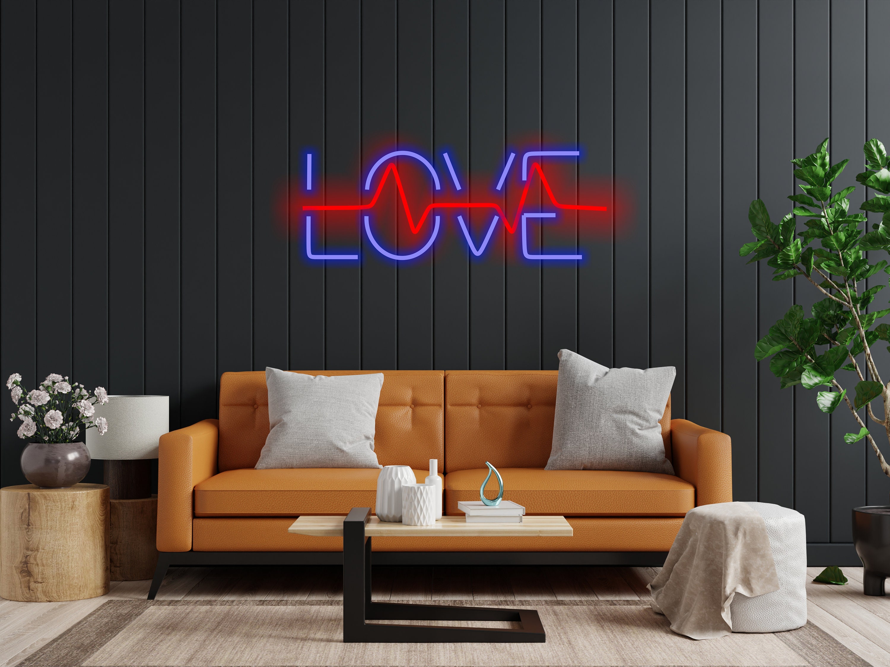 Neon Sign That Says Love And Has A Pulse Inside It, Neon Sign Combining Heart And Pulse, Love Neon Sign, Neon Sign Gift For Lovers