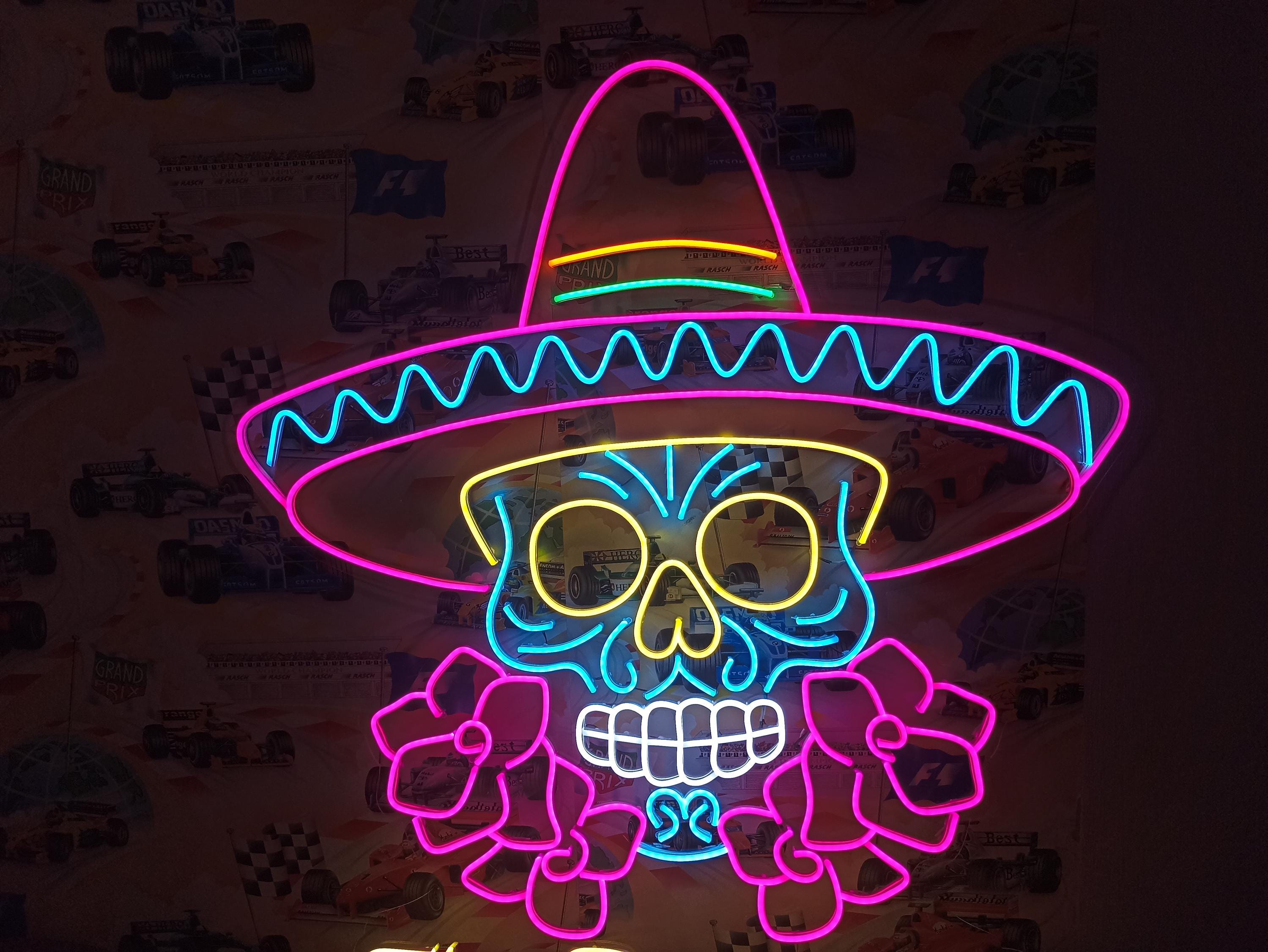 Colorful Sombrero Sugar Skull Neon Sign, Mexican Sugar Skull Neon Sign,Dia De Los Muertos Neon Sign