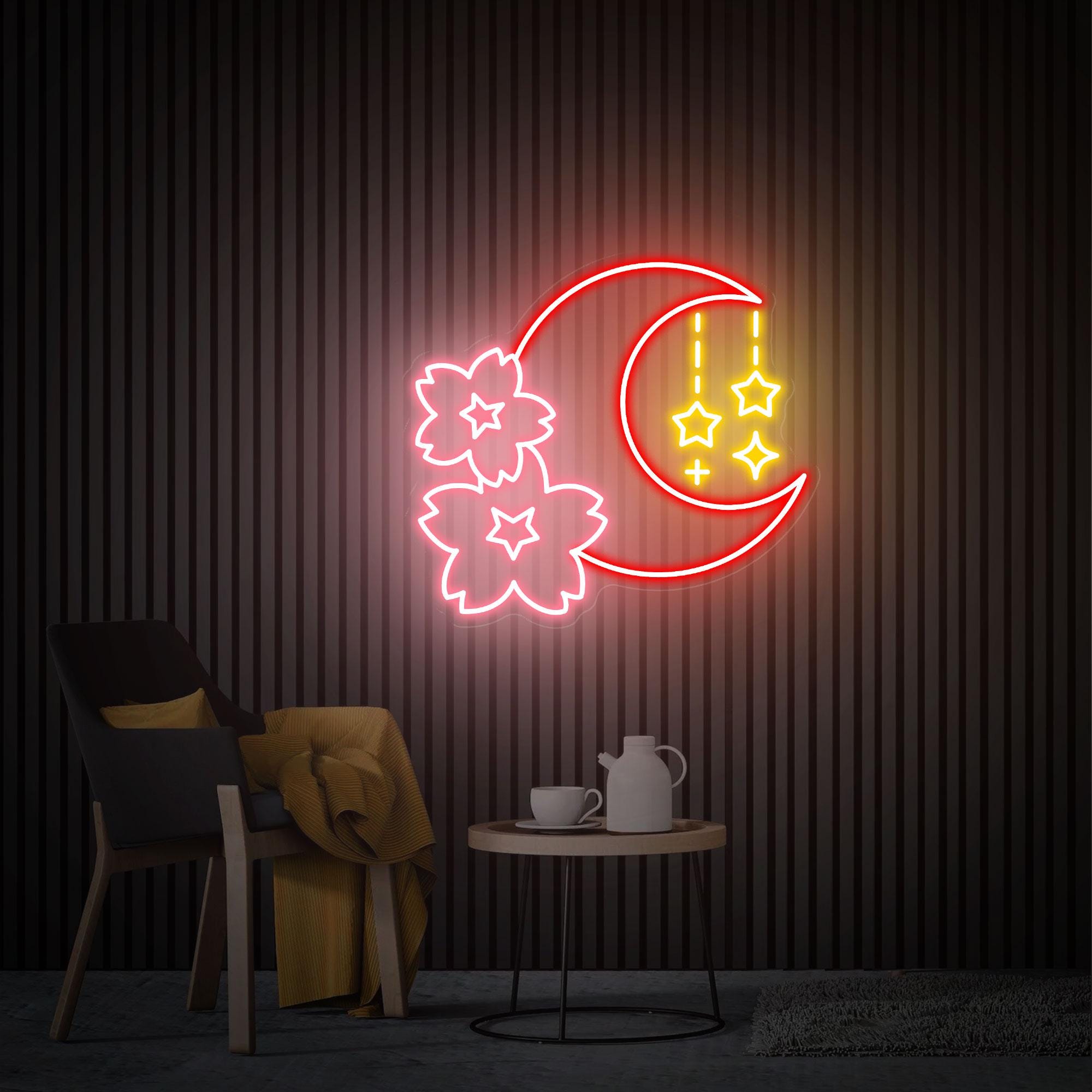 Sakura and Moon Neon Sign, Sakura Neon Wall Art, Custom Neon Sign, Bedroom Moon Decor,  Game Room Decor, Cherry Blossom Neon Christmas Gifts