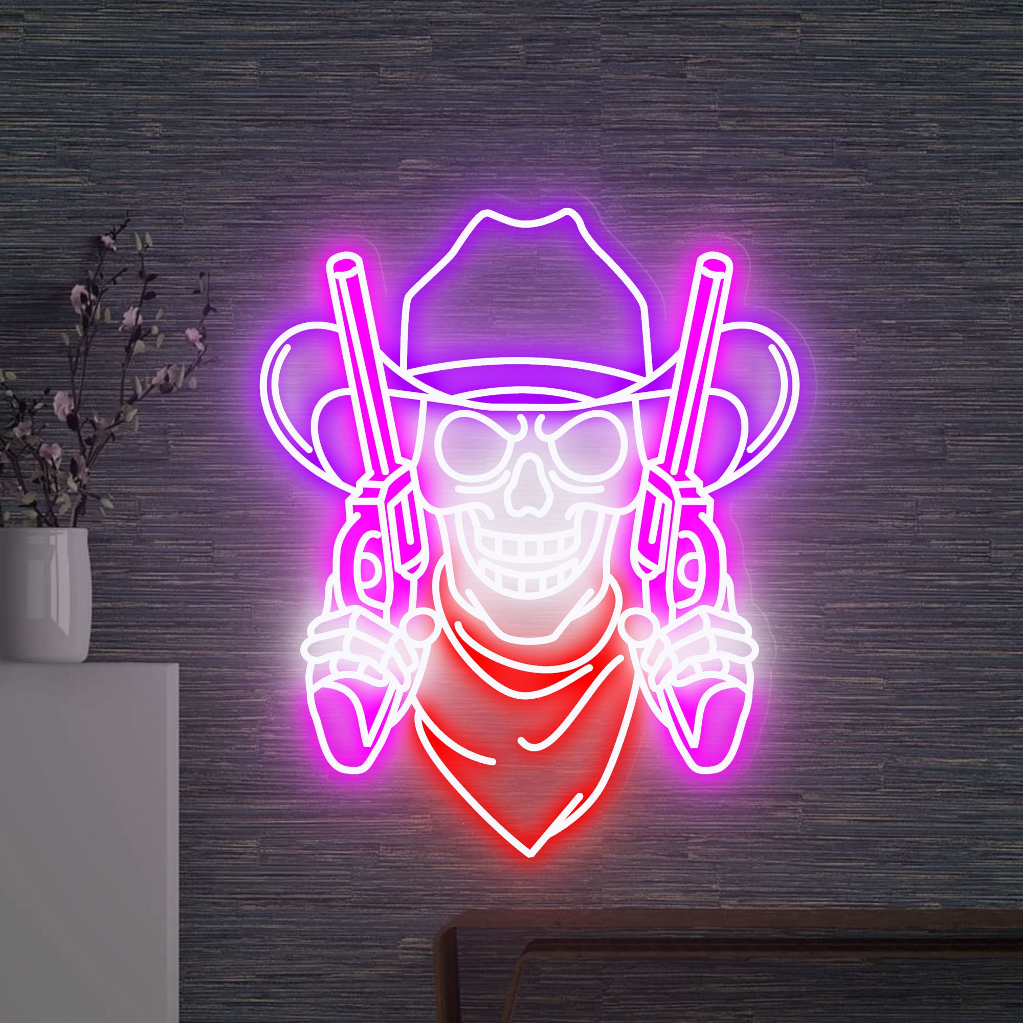 Cowboy Skull and double guns Neon Sign, Skull and Revolver Led Sign, Skull Led Signs, Custom Neon Sign, Cowboy Led Lights, Wall Decor