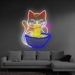 Fortune Cat Ramen Neon Sign, Ramen Japanese Noodles Led Neon Sign | Custom Neon Ramen Light Anime Neon Wall Decor