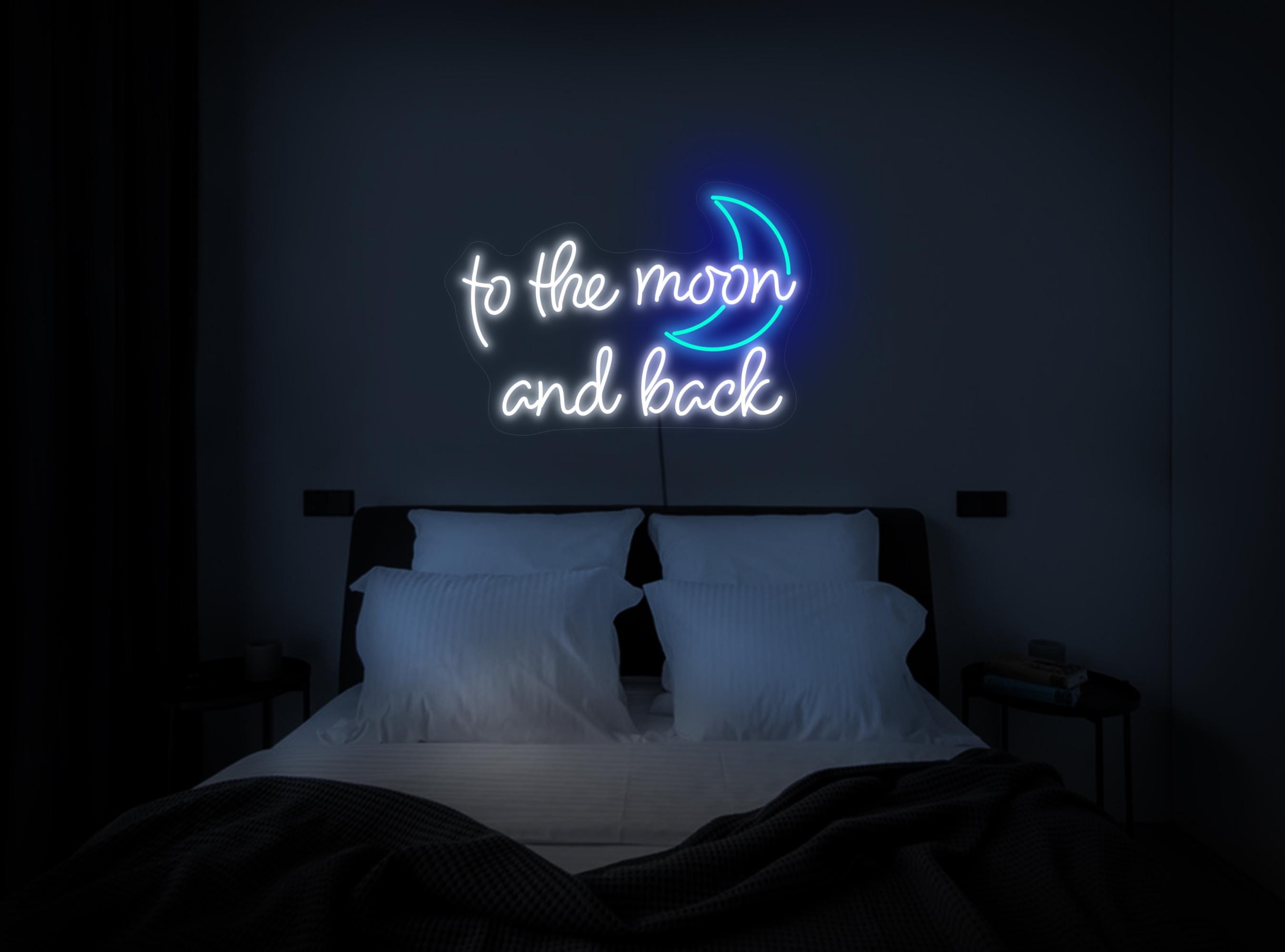 To The Moon And Back Neon Sign, Moon Neon Sign, Wedding Neon Sign Decor, Neon Sign Bedroom, Half Moon Neon Sign Decor, Moon Light Art Decor
