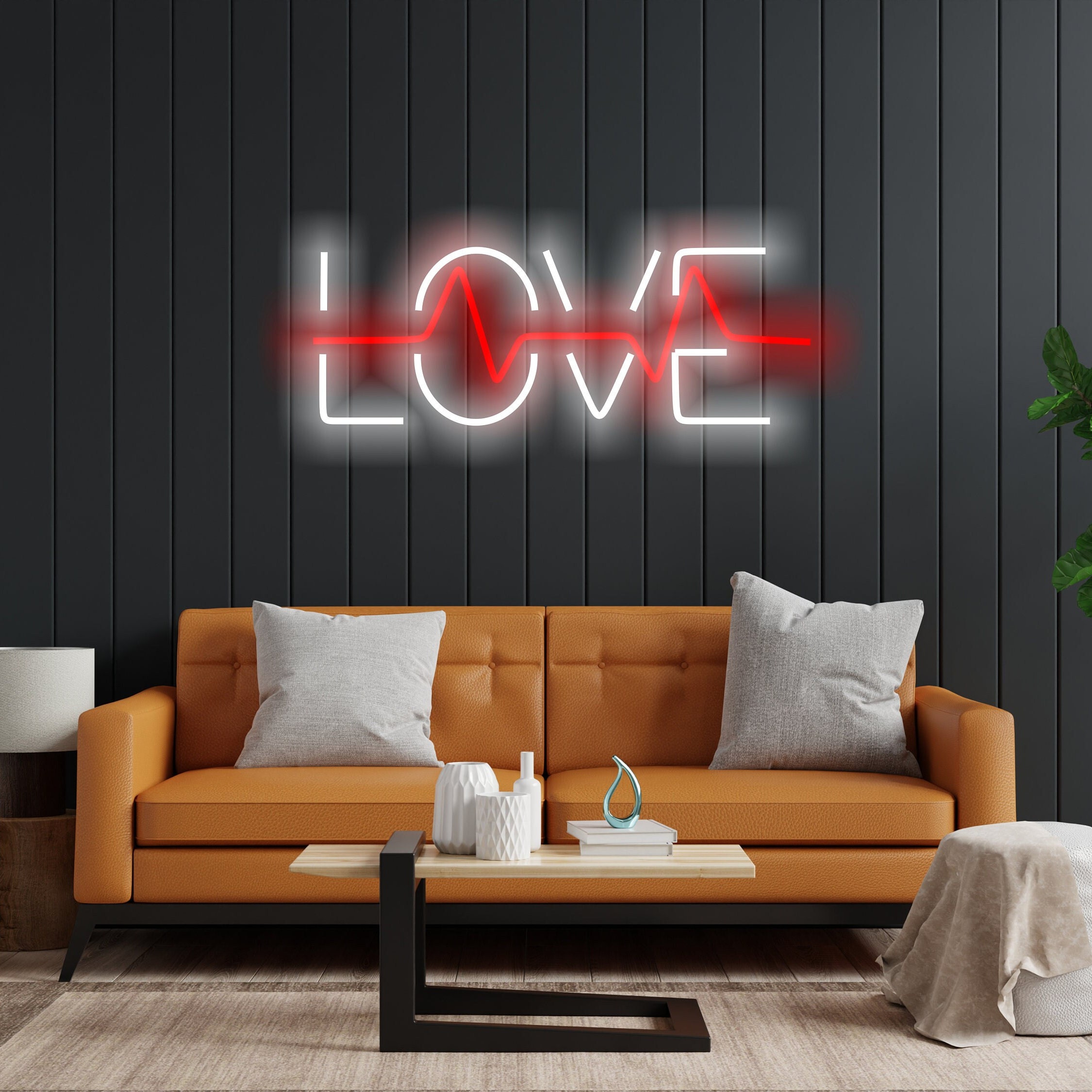 Neon Sign That Says Love And Has A Pulse Inside It, Neon Sign Combining Heart And Pulse, Love Neon Sign, Neon Sign Gift For Lovers