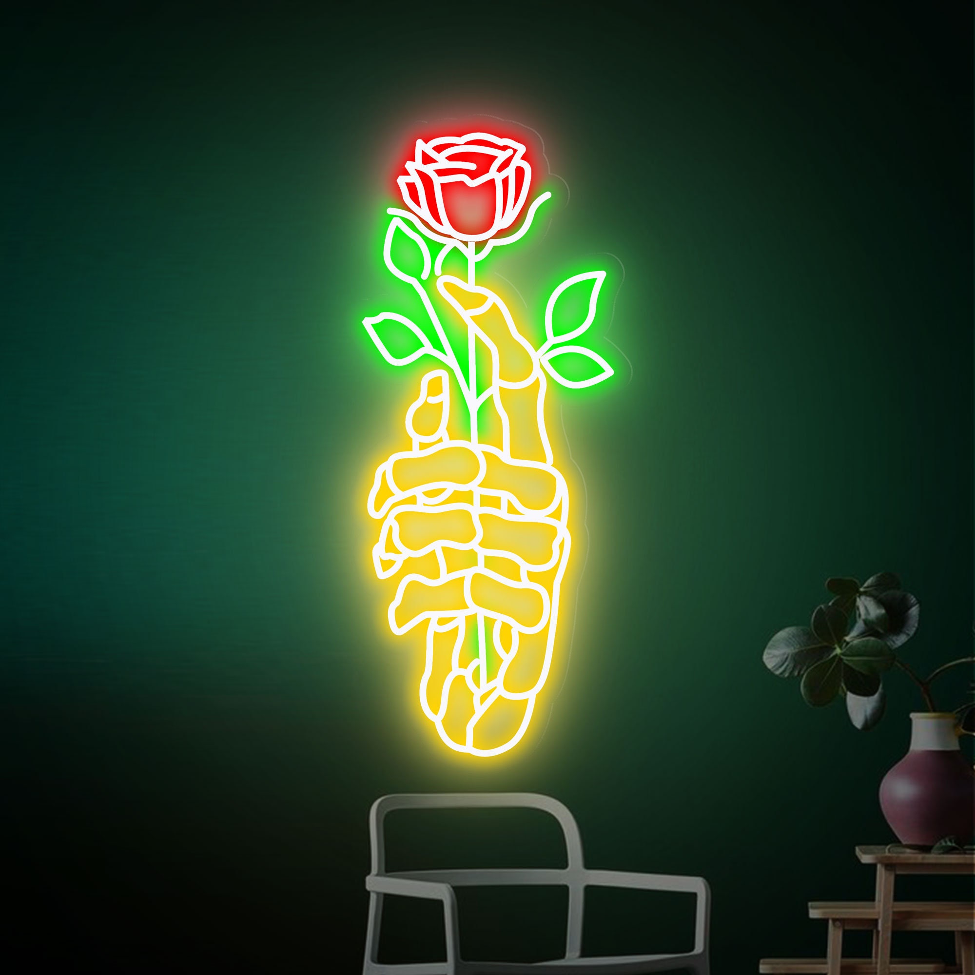 Skeleton Hand Rose Neon Sign, Hands Death Led Neon Sign, Skull Rose Neon Light | Neon Wall Light Sign | Neon Sign Bedroom