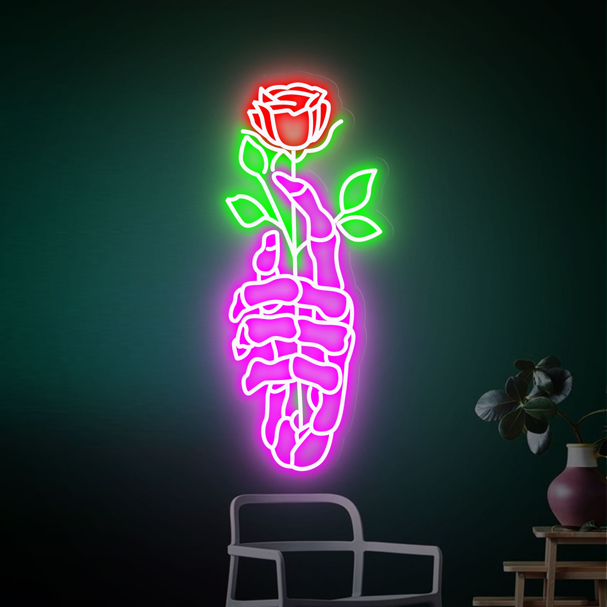 Skeleton Hand Rose Neon Sign, Hands Death Led Neon Sign, Skull Rose Neon Light | Neon Wall Light Sign | Neon Sign Bedroom