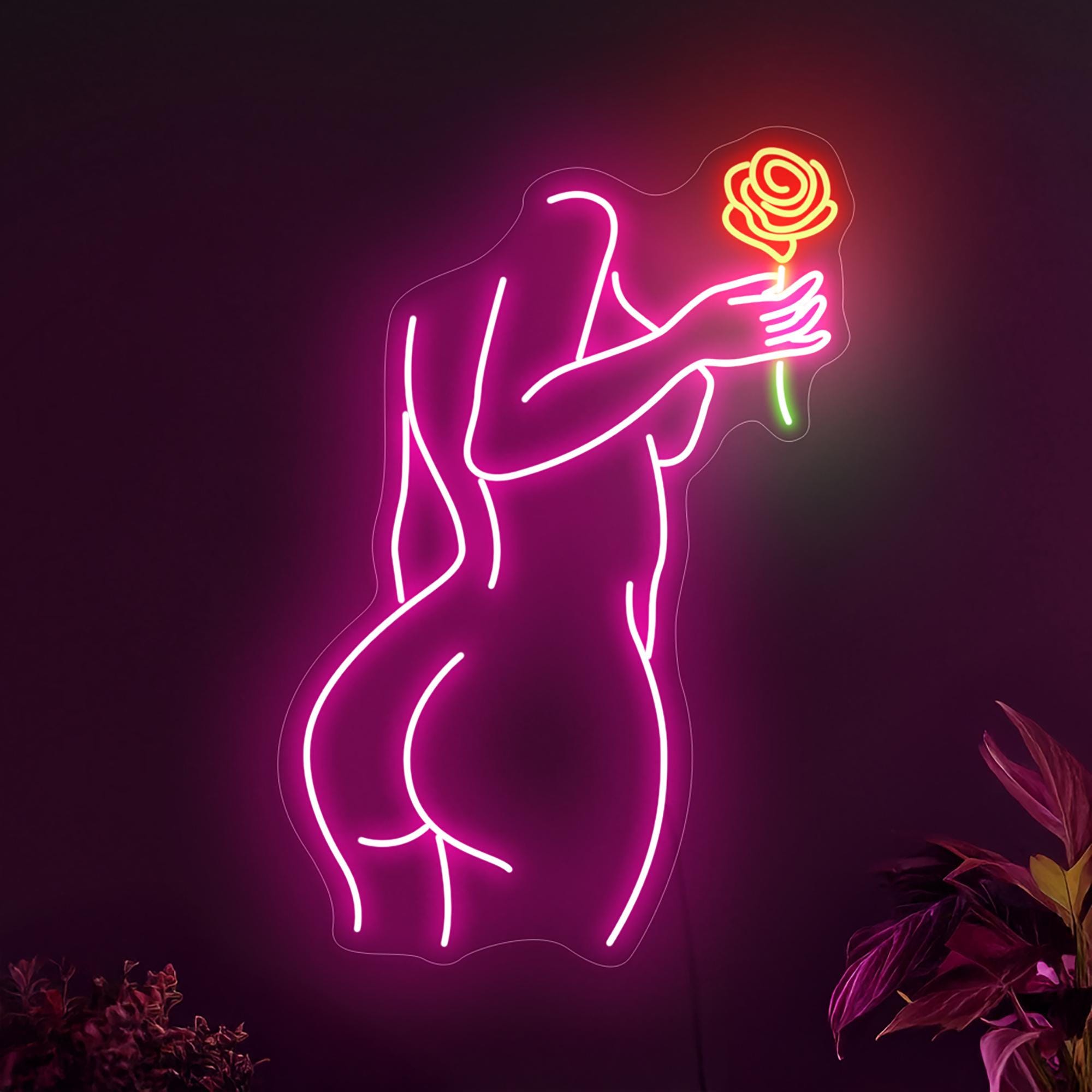 Woman Body Neon Sign, Woman With Rose Neon Sign, Girl With Flower Neon Sign, Sexy Neon Sign, Aesthetic Neon Sign Decor, Woman Wall Art Decor