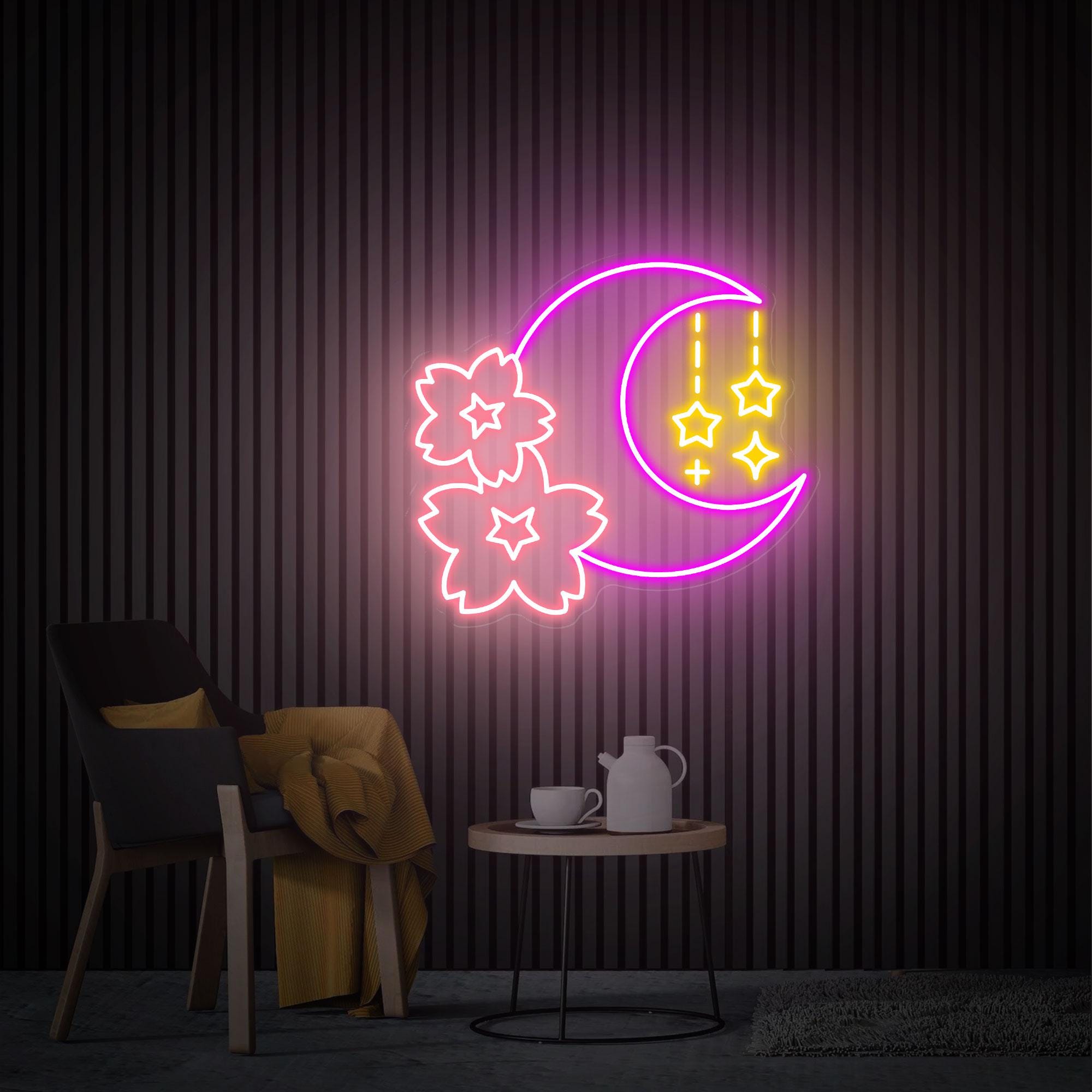 Sakura and Moon Neon Sign, Sakura Neon Wall Art, Custom Neon Sign, Bedroom Moon Decor,  Game Room Decor, Cherry Blossom Neon Christmas Gifts