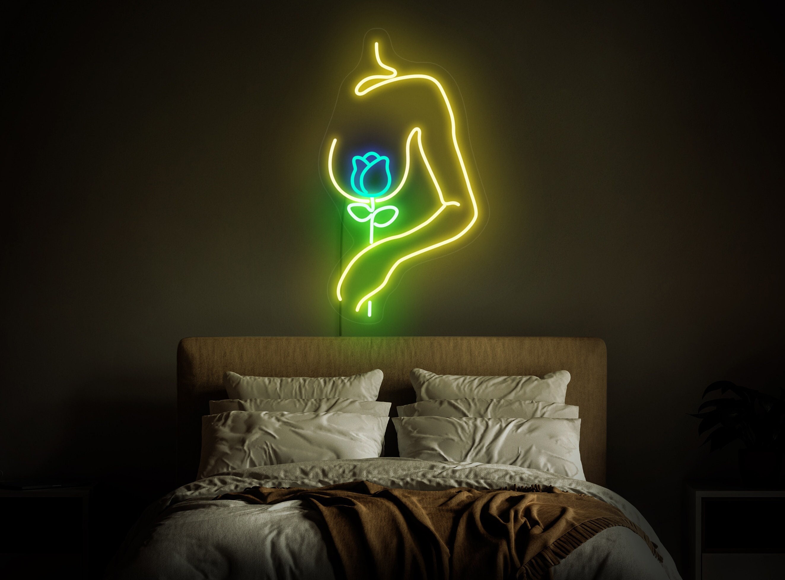 Flower Woman Neon Sign, Woman Neon Sign, Girl Body Neon Sign, Aesthetic Neon, Lady Neon Sign, Rose Neon, Woman Wall Art, Woman Wall Decor