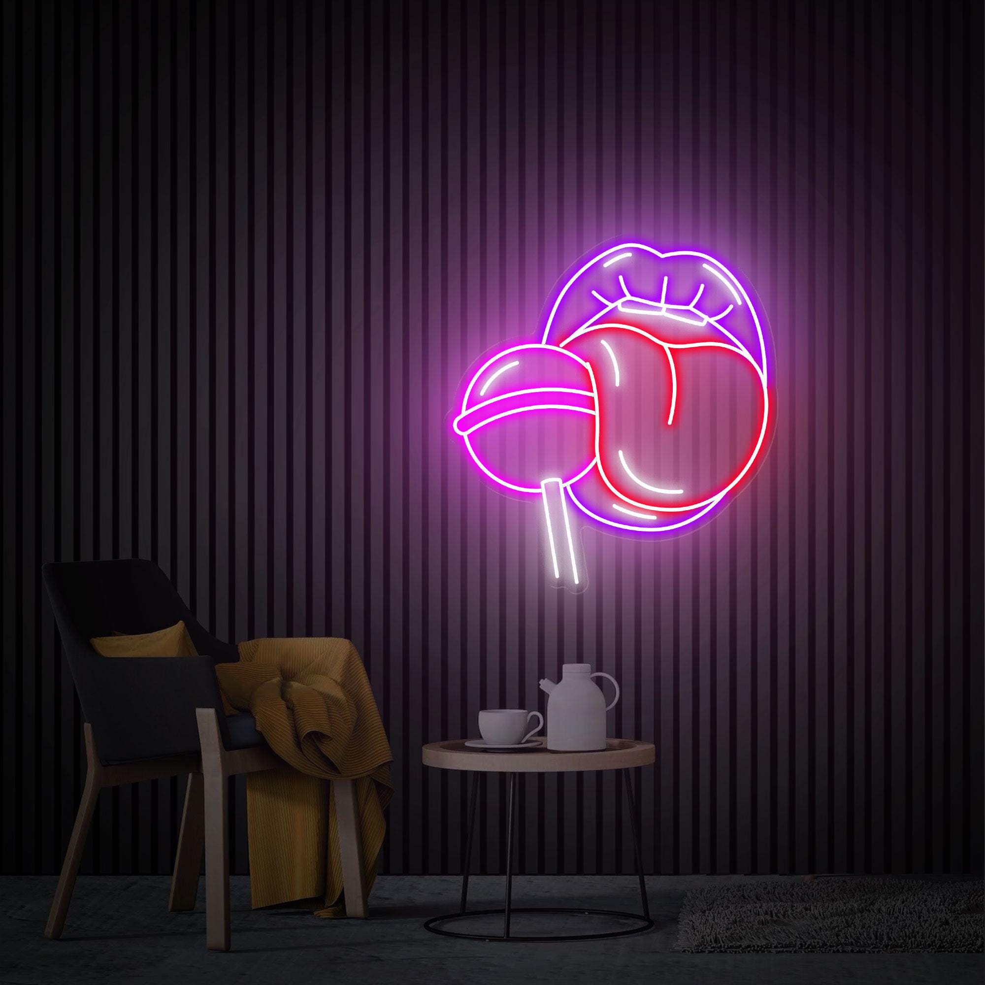 Lips with Lollipop Neon Sign, Red Lips Girl LED Sign, Lips and Tongue Neon Wall Art, Custom Neon Sign, Home Bedroom Decor, Beauty Wall Light