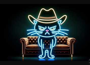 Neon Sign Of Skinny Cowboy Cat, Neon Sign With Cat In Hat, Western Cat Neon, Cat In Cowboy Hat Neon, Cat Neon Wall Decor